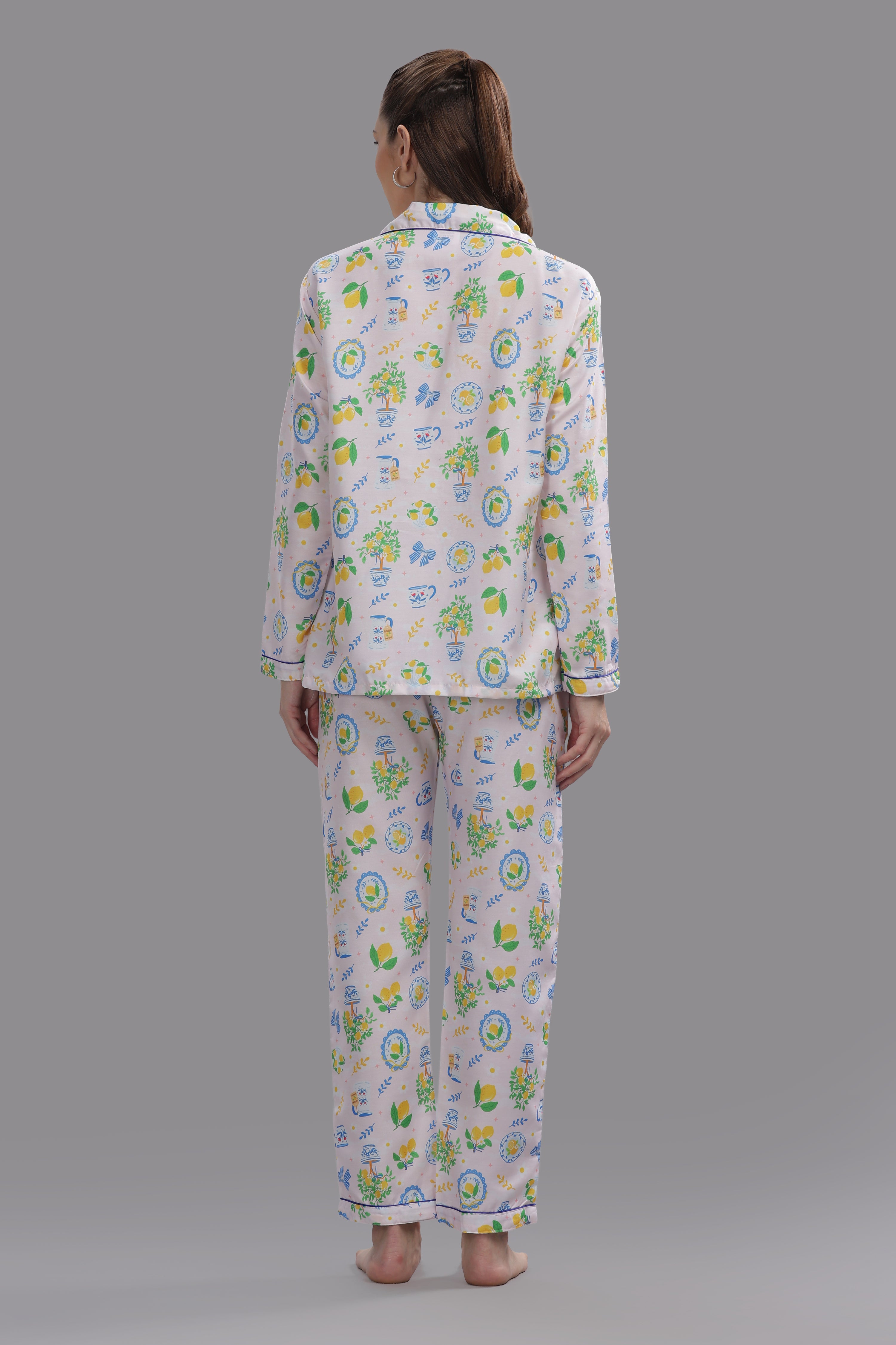 Citrus Bloom Button Down Pj Set - Cotton Rayon Pj Set with Notched Collar
