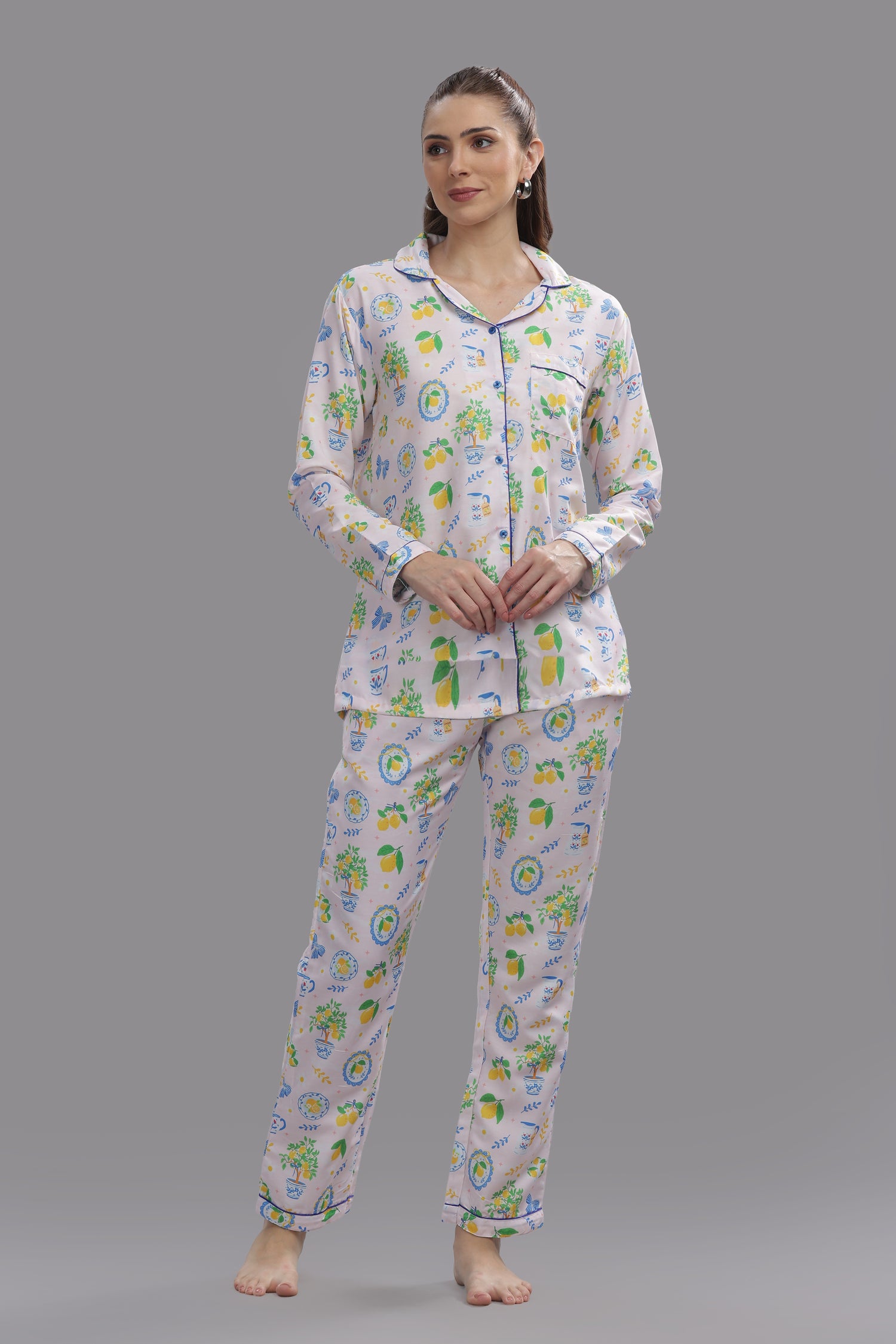Citrus Bloom Button Down Pj Set - Cotton Rayon Pj Set with Notched Collar