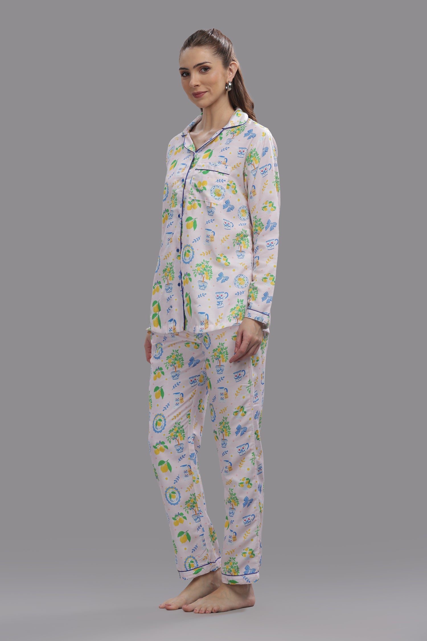 Citrus Bloom Button Down Pj Set - Cotton Rayon Pj Set with Notched Collar