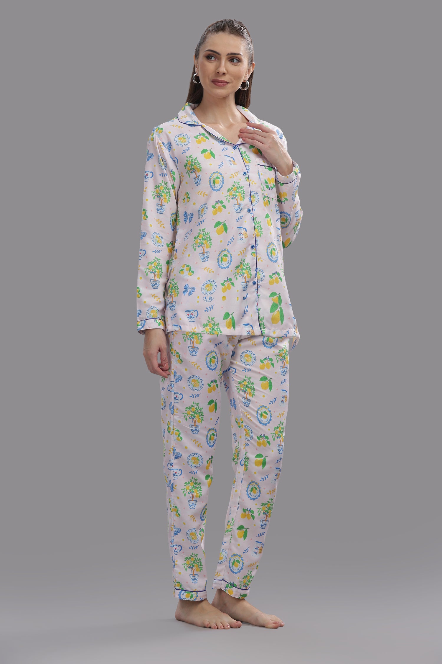 Citrus Bloom Button Down Pj Set - Cotton Rayon Pj Set with Notched Collar