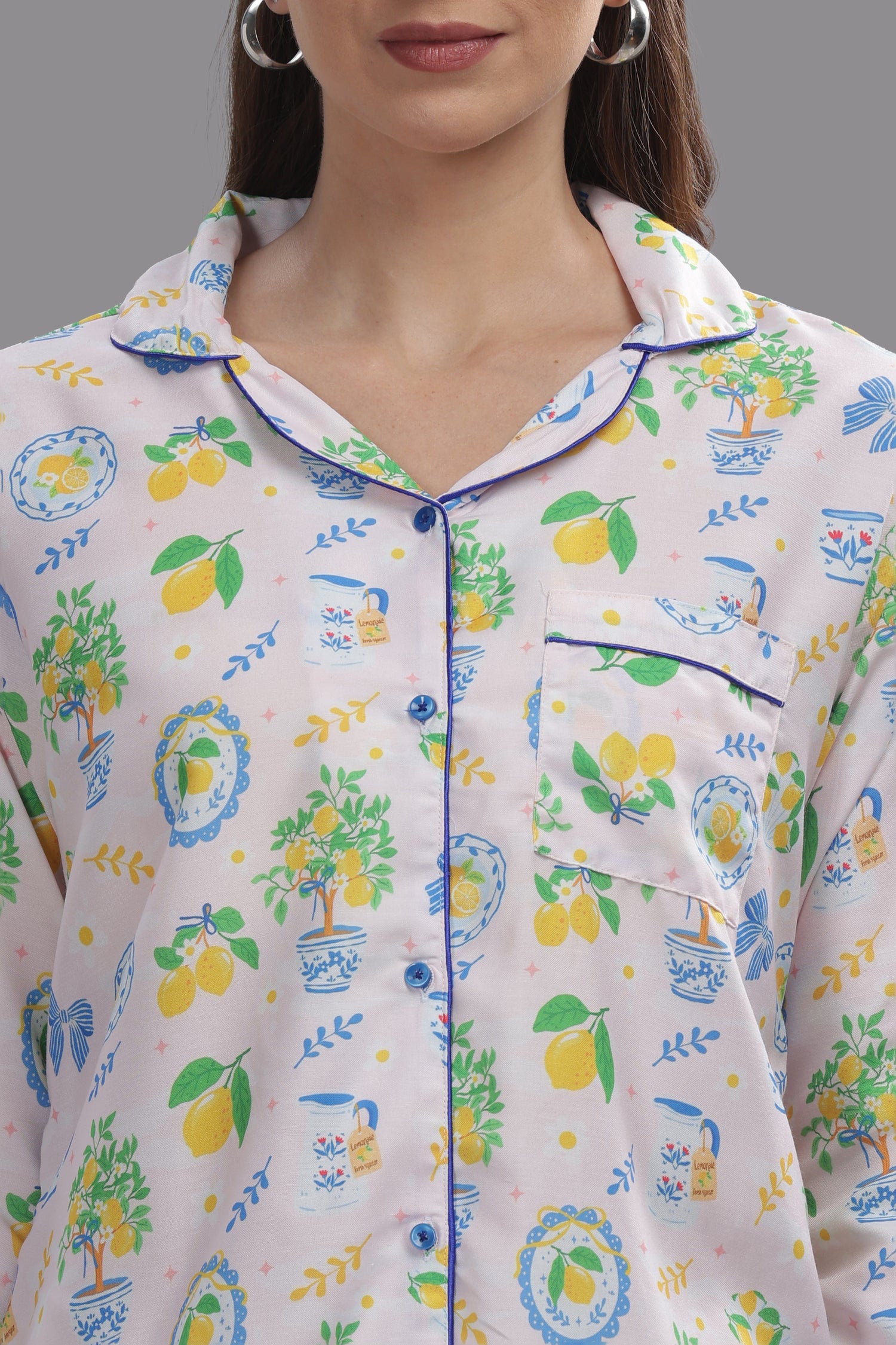Citrus Bloom Button Down Pj Set - Cotton Rayon Pj Set with Notched Collar