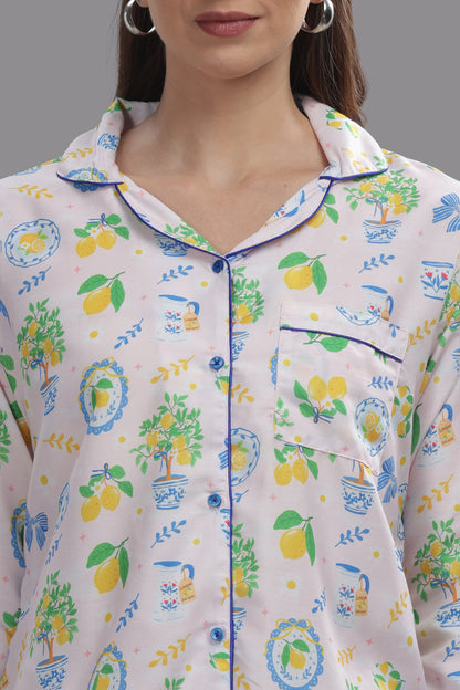 Citrus Bloom Button Down Pj Set - Cotton Rayon Pj Set with Notched Collar