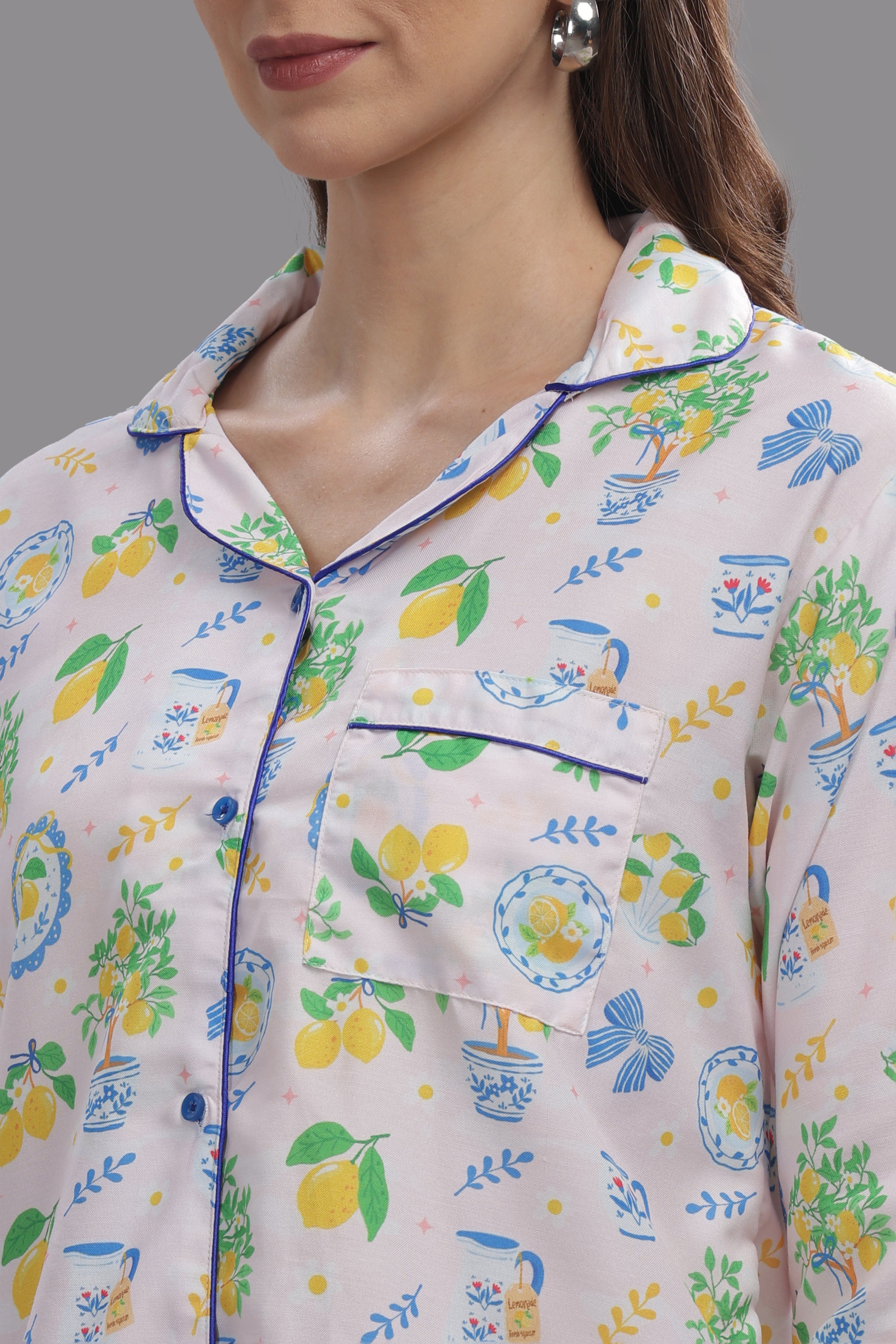 Citrus Bloom Button Down Pj Set - Cotton Rayon Pj Set with Notched Collar