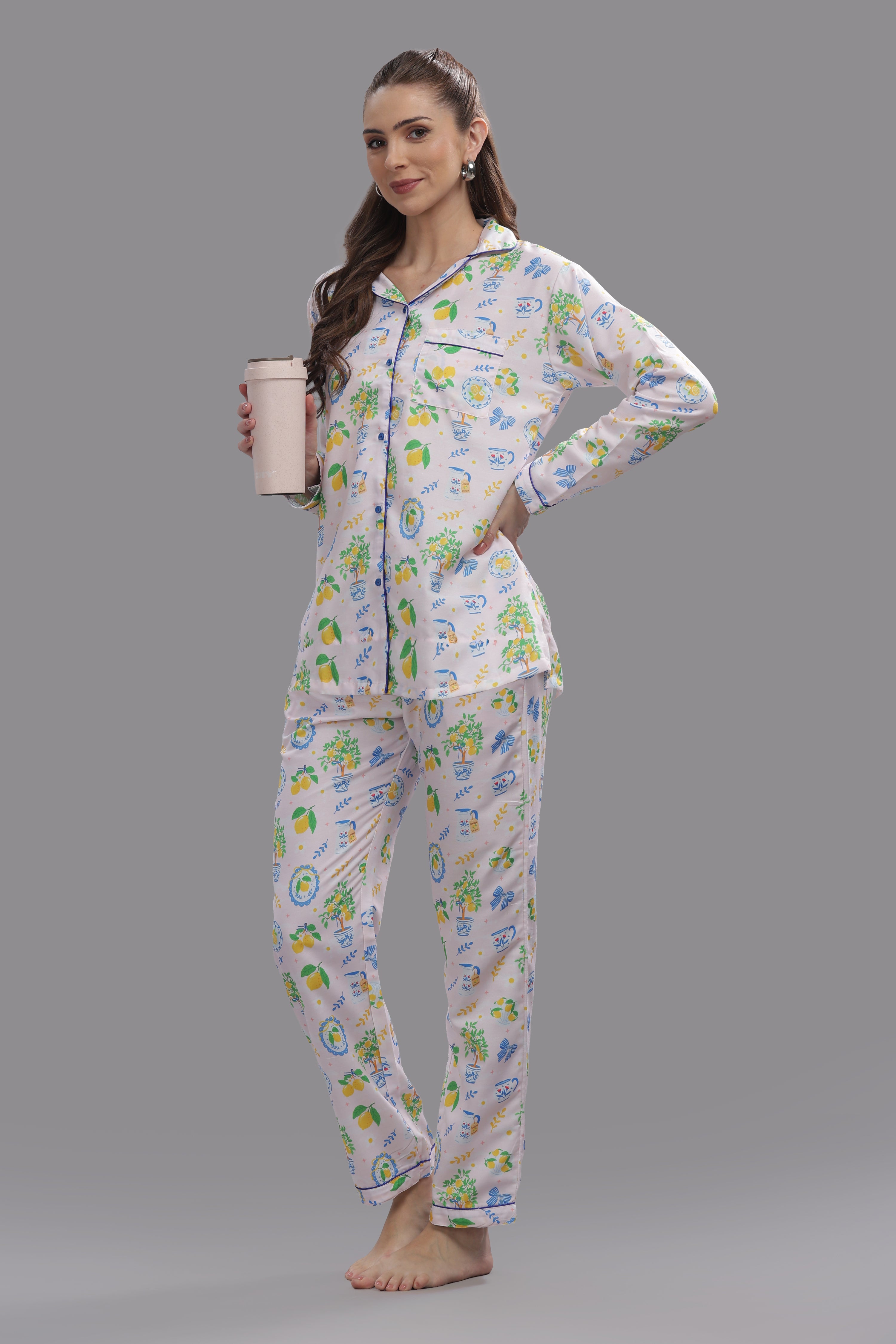Citrus Bloom Button Down Pj Set - Cotton Rayon Pj Set with Notched Collar