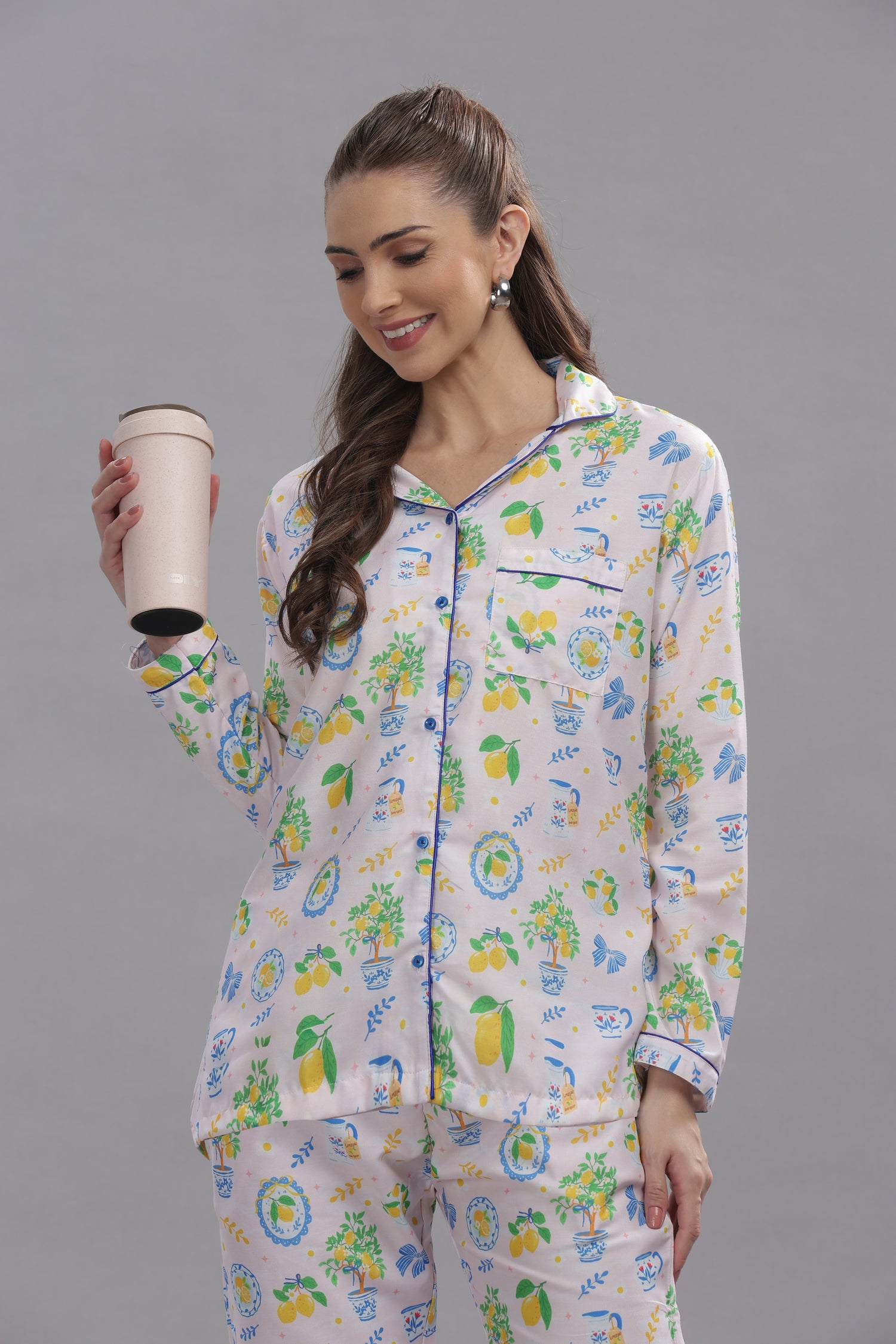 Citrus Bloom Button Down Pj Set - Cotton Rayon Pj Set with Notched Collar