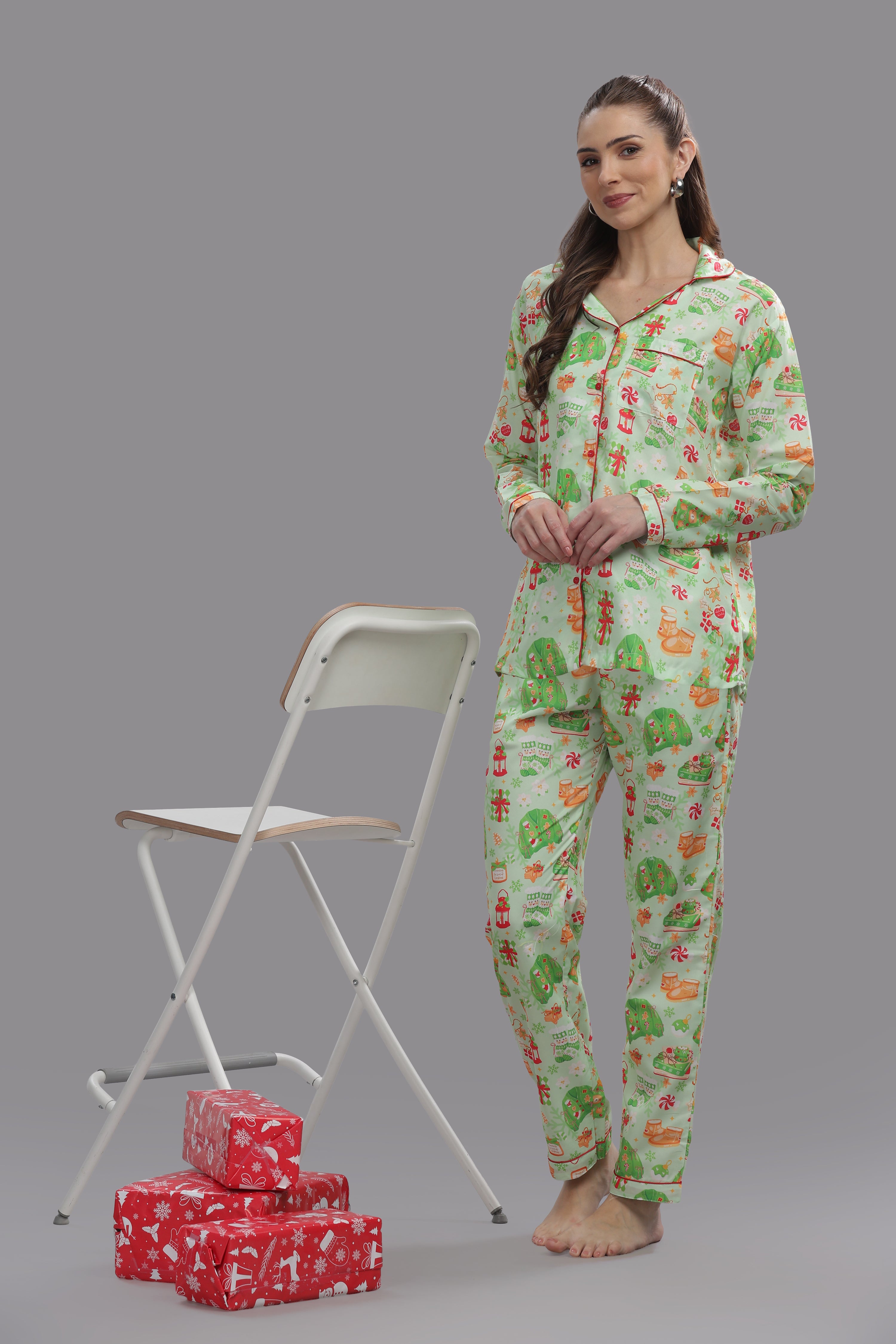 Cozy Christmas Button Down Pj Set - Cotton Rayon Pj Set with Notched Collar