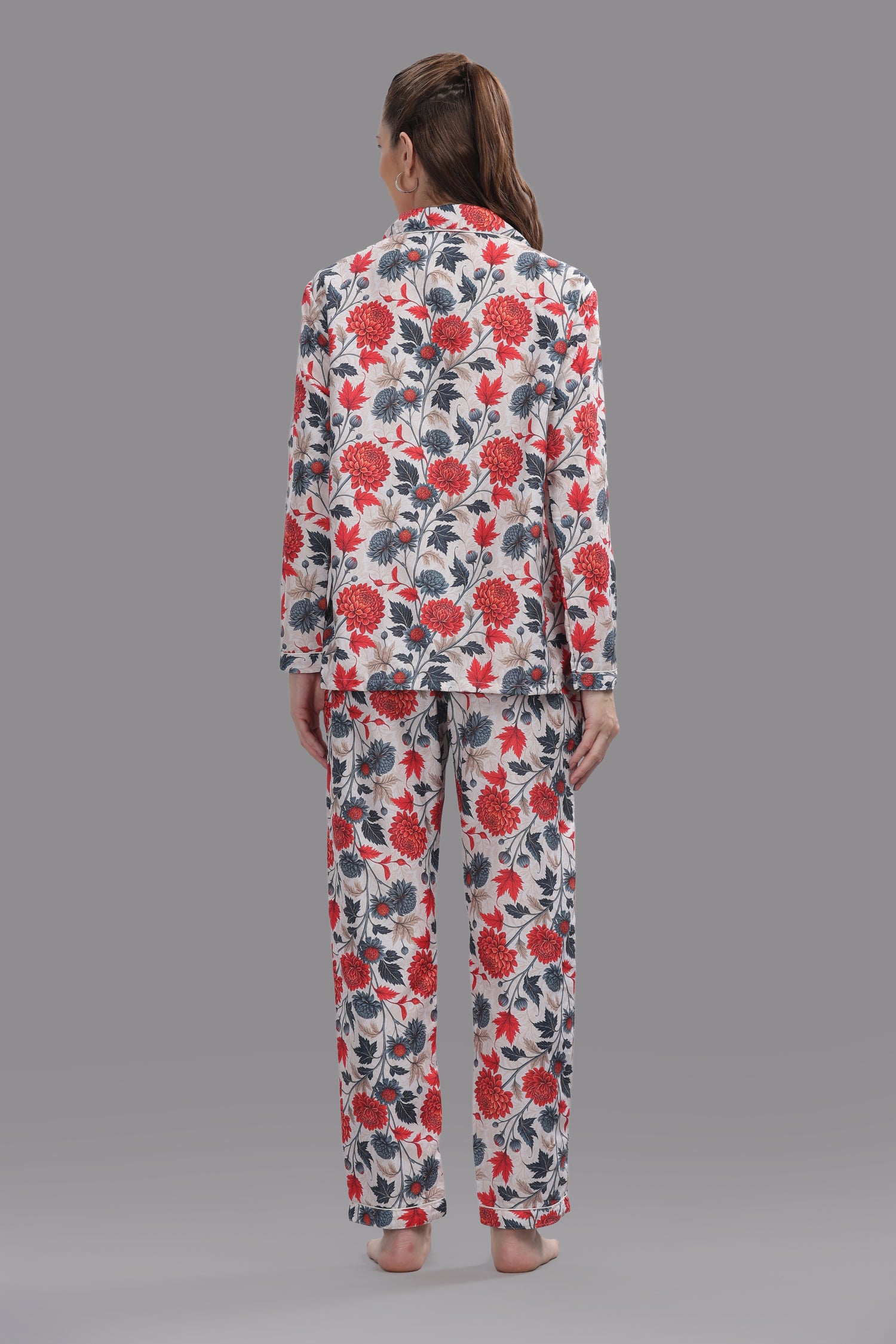Ruby Petals Button Down Pj Set - Cotton Rayon Pj Set with Notched Collar