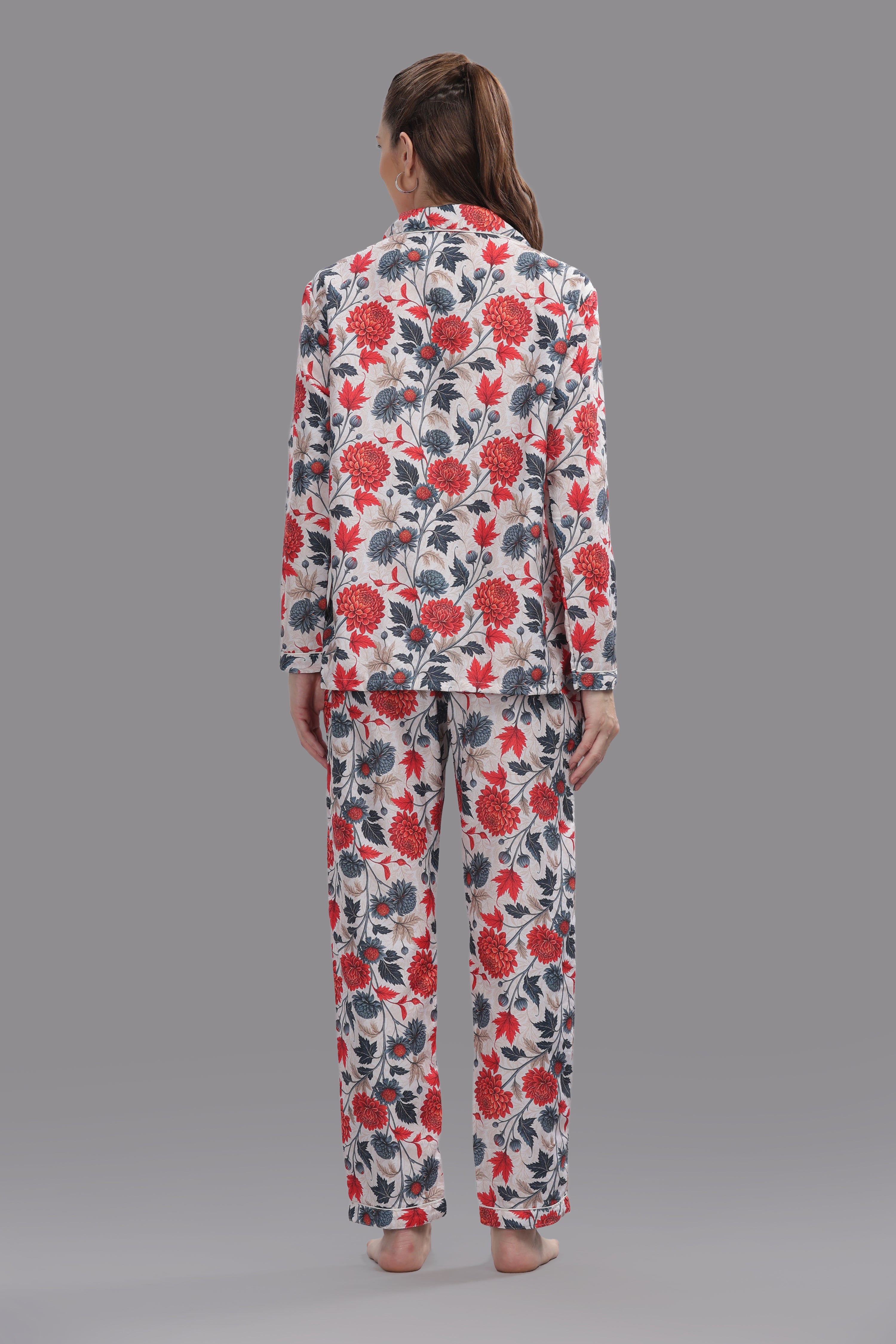 Ruby Petals Button Down Pj Set - Cotton Rayon Pj Set with Notched Collar