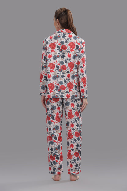 Ruby Petals Button Down Pj Set - Cotton Rayon Pj Set with Notched Collar