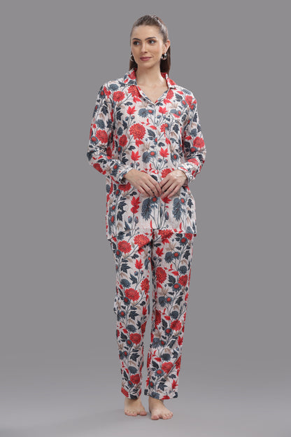 Ruby Petals Button Down Pj Set - Cotton Rayon Pj Set with Notched Collar