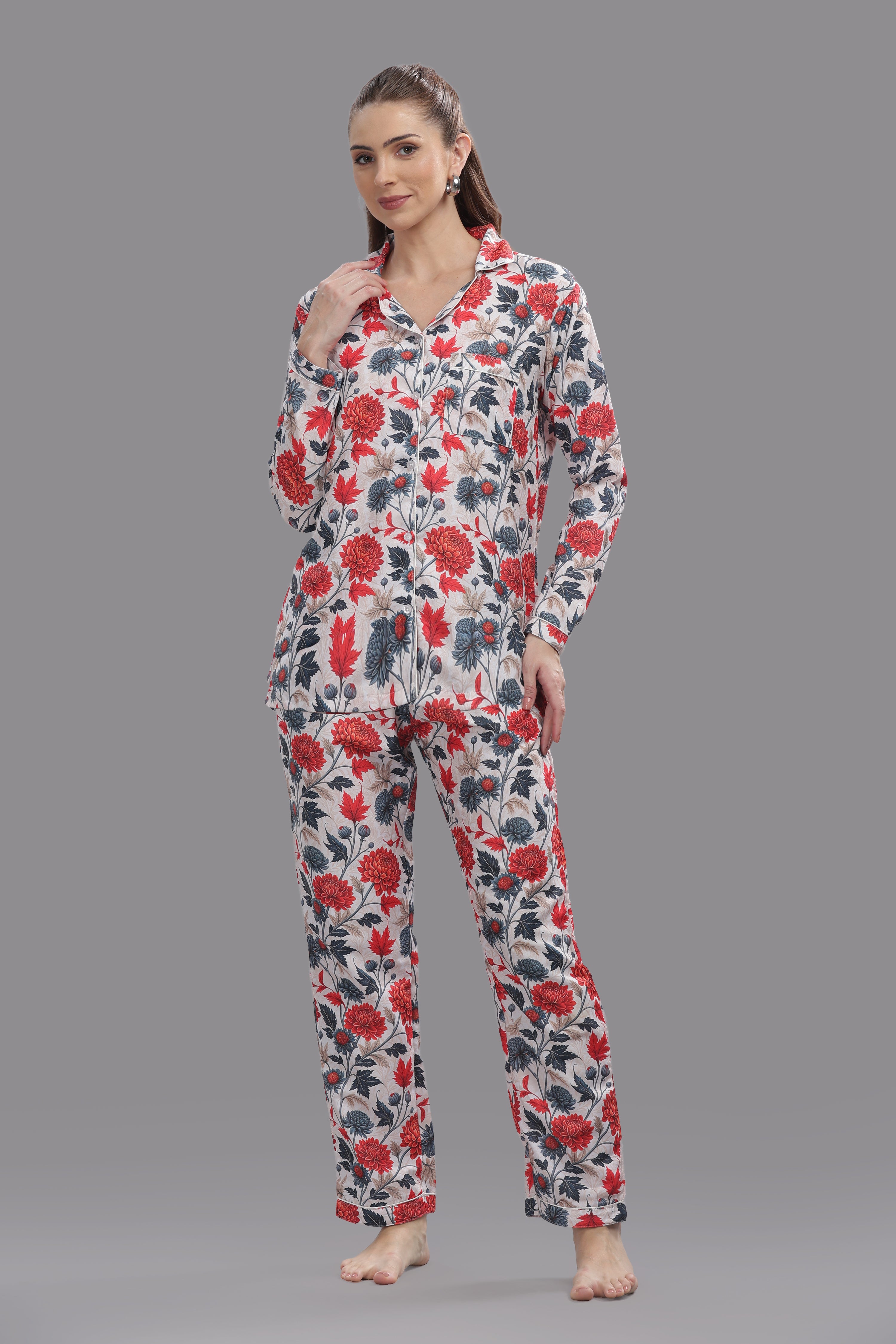 Ruby Petals Button Down Pj Set - Cotton Rayon Pj Set with Notched Collar