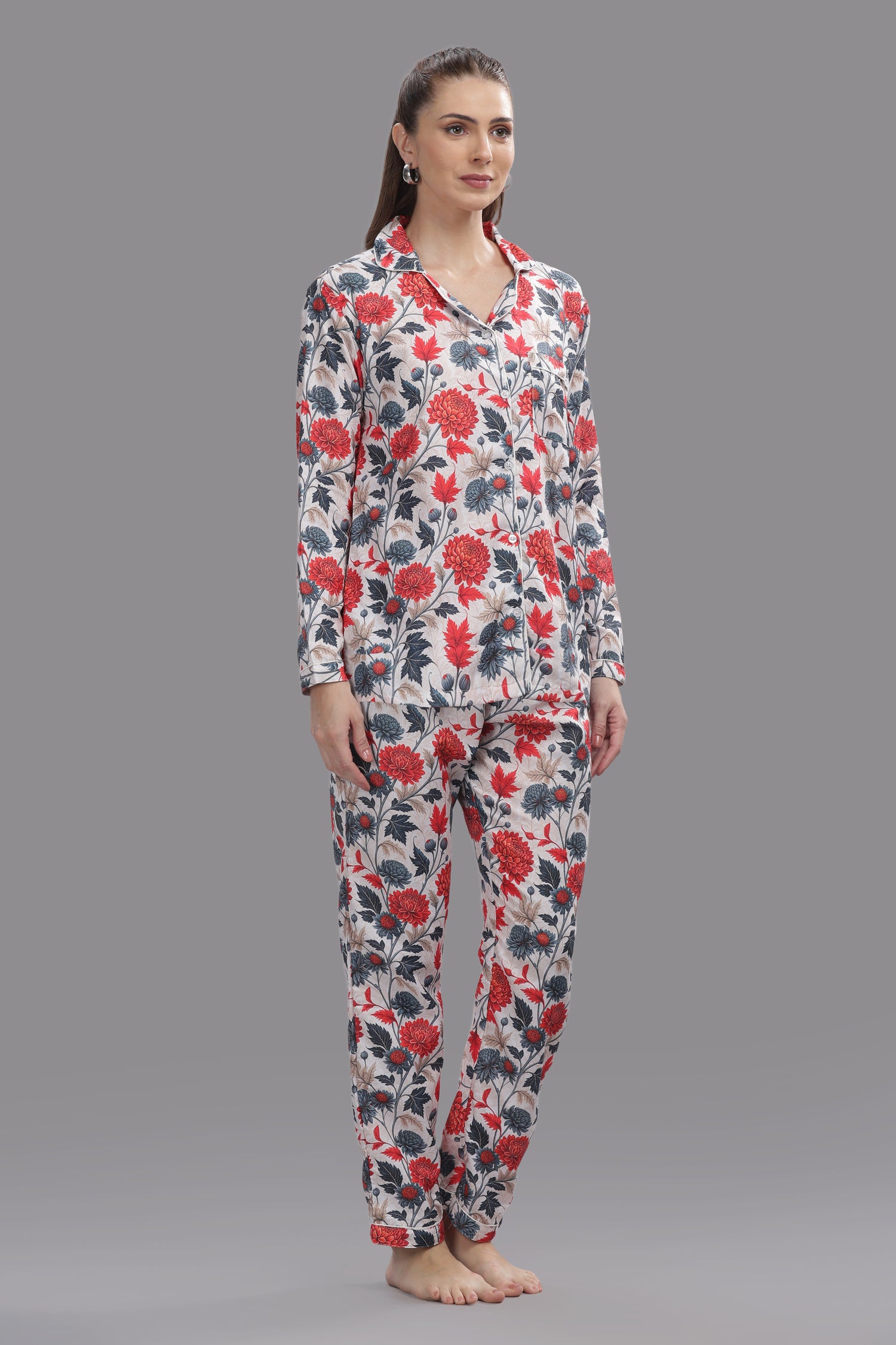 Ruby Petals Button Down Pj Set - Cotton Rayon Pj Set with Notched Collar