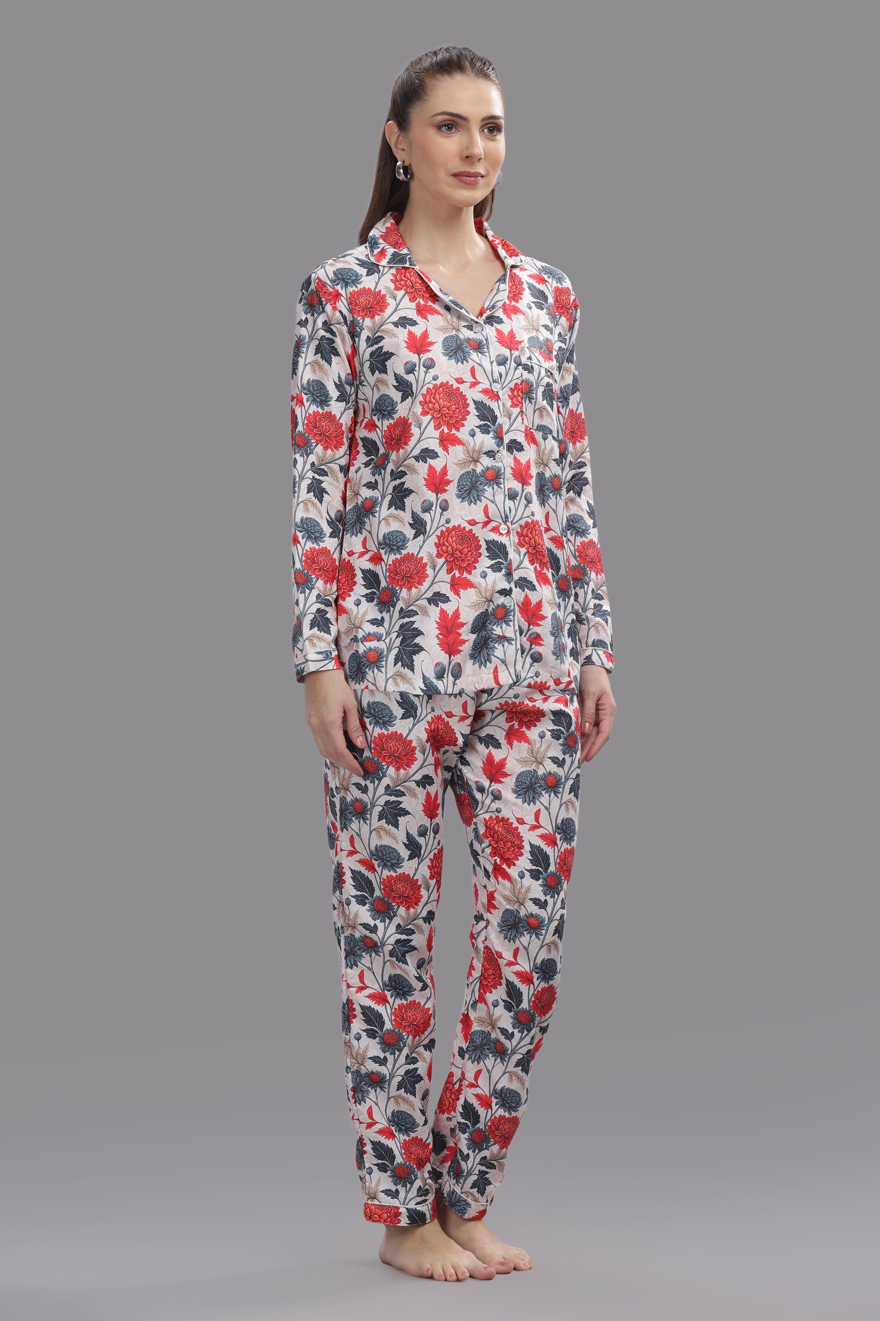 Ruby Petals Button Down Pj Set - Cotton Rayon Pj Set with Notched Collar