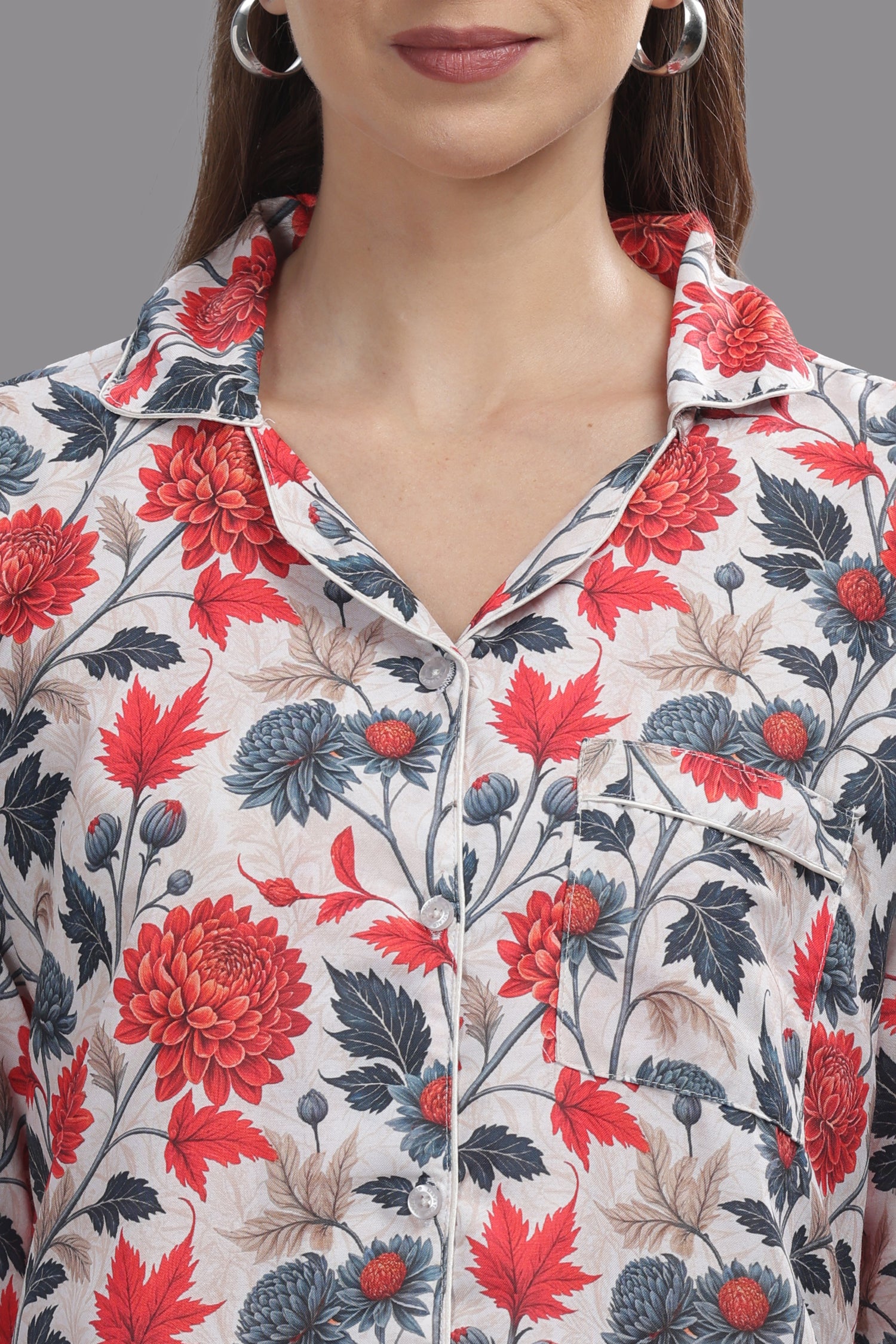 Ruby Petals Button Down Pj Set - Cotton Rayon Pj Set with Notched Collar