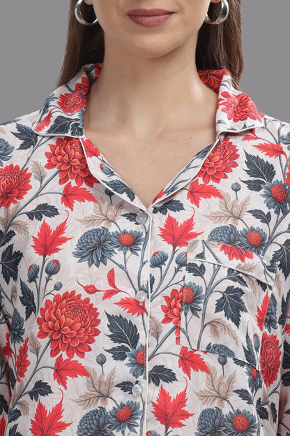 Ruby Petals Button Down Pj Set - Cotton Rayon Pj Set with Notched Collar