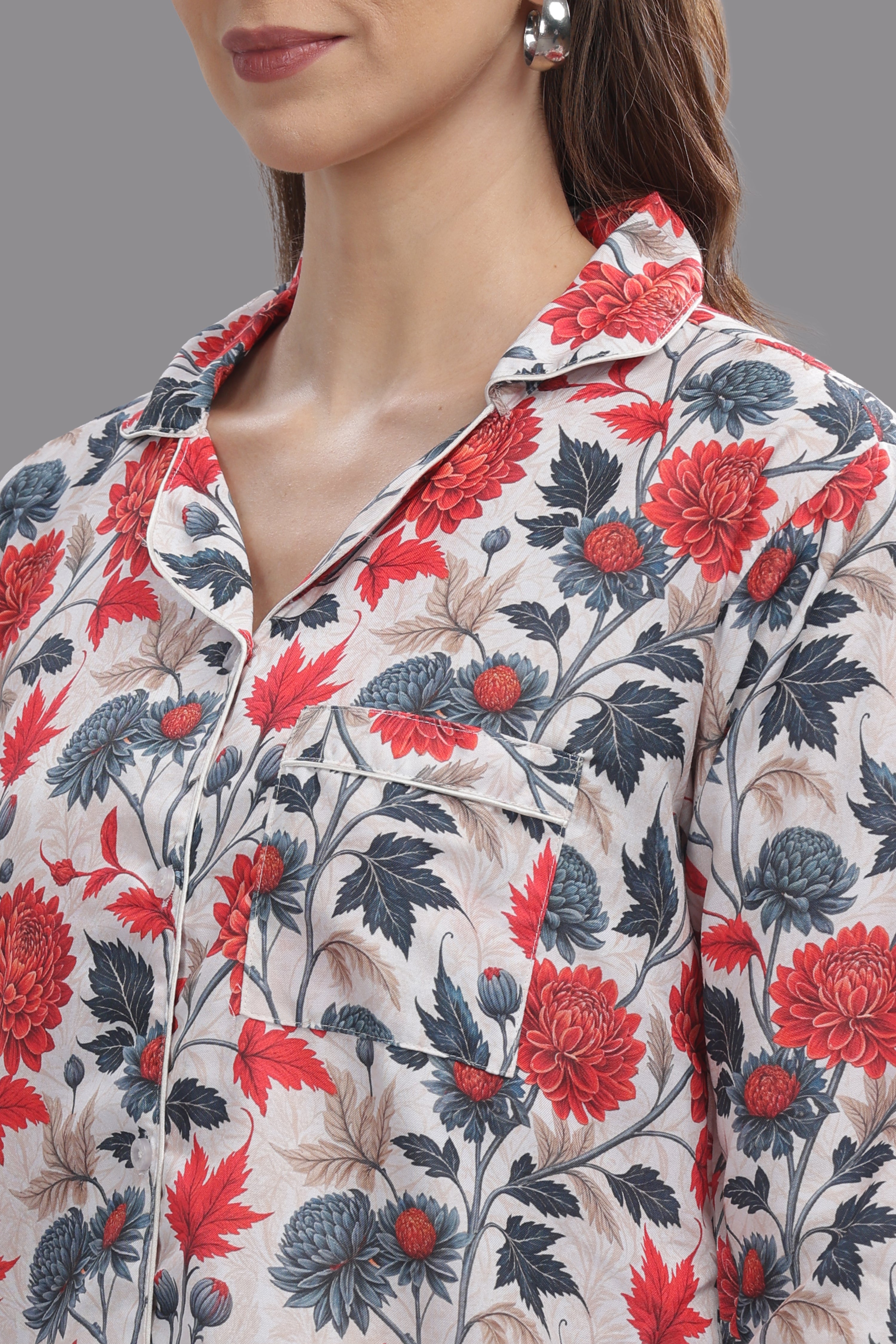 Ruby Petals Button Down Pj Set - Cotton Rayon Pj Set with Notched Collar