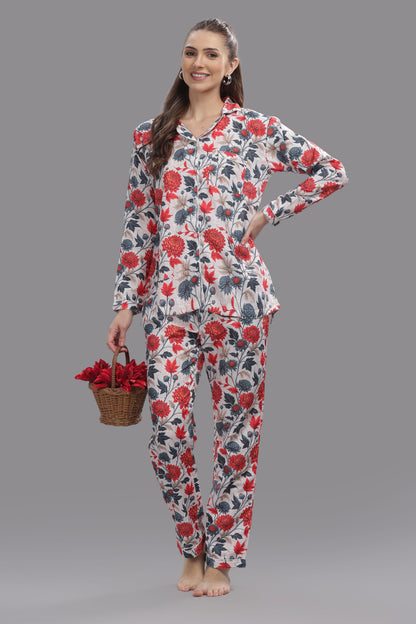 Ruby Petals Button Down Pj Set - Cotton Rayon Pj Set with Notched Collar