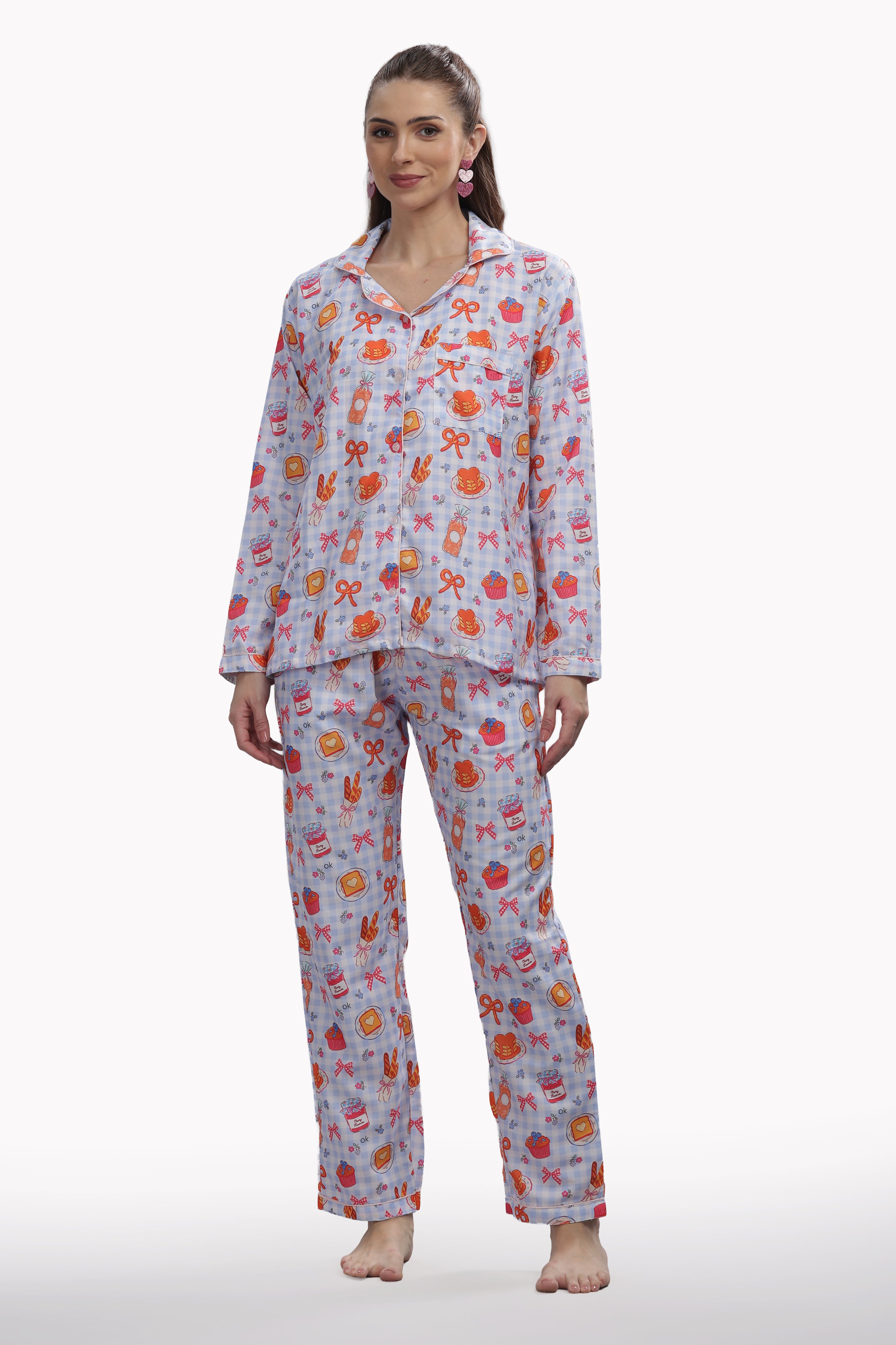 Breakfast Club Button Down Pj Set - Cotton Rayon Pj Set with Notched Collar
