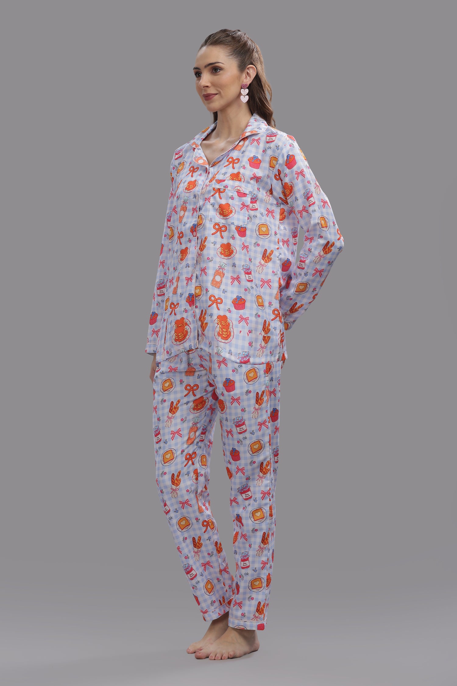 Breakfast Club Button Down Pj Set - Cotton Rayon Pj Set with Notched Collar