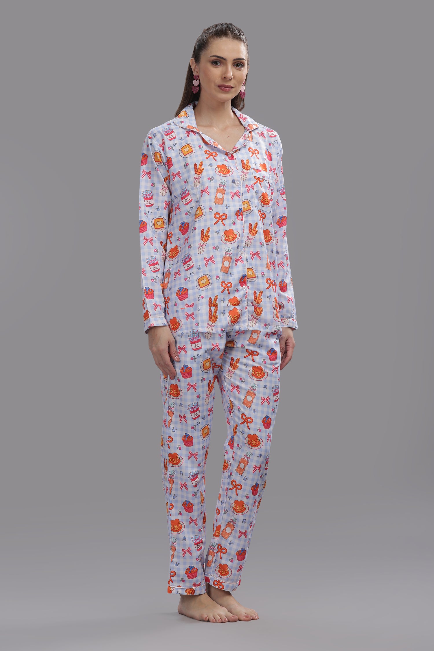 Breakfast Club Button Down Pj Set - Cotton Rayon Pj Set with Notched Collar