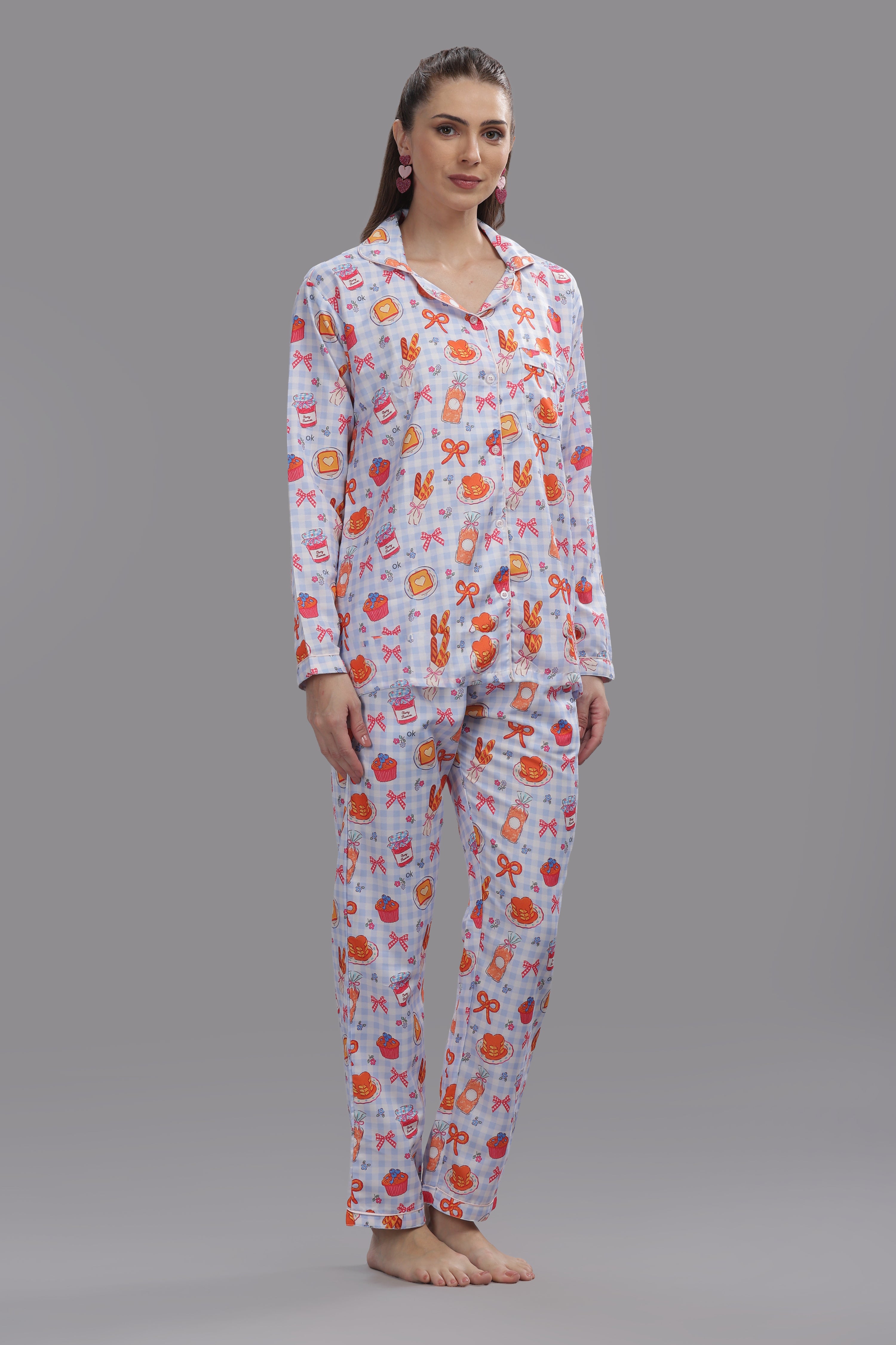 Breakfast Club Button Down Pj Set - Cotton Rayon Pj Set with Notched Collar