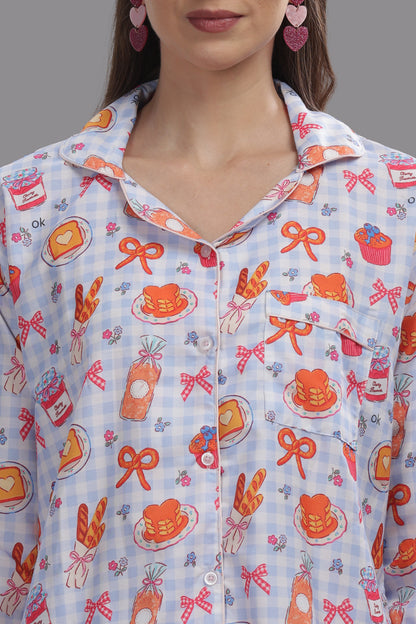 Breakfast Club Button Down Pj Set - Cotton Rayon Pj Set with Notched Collar