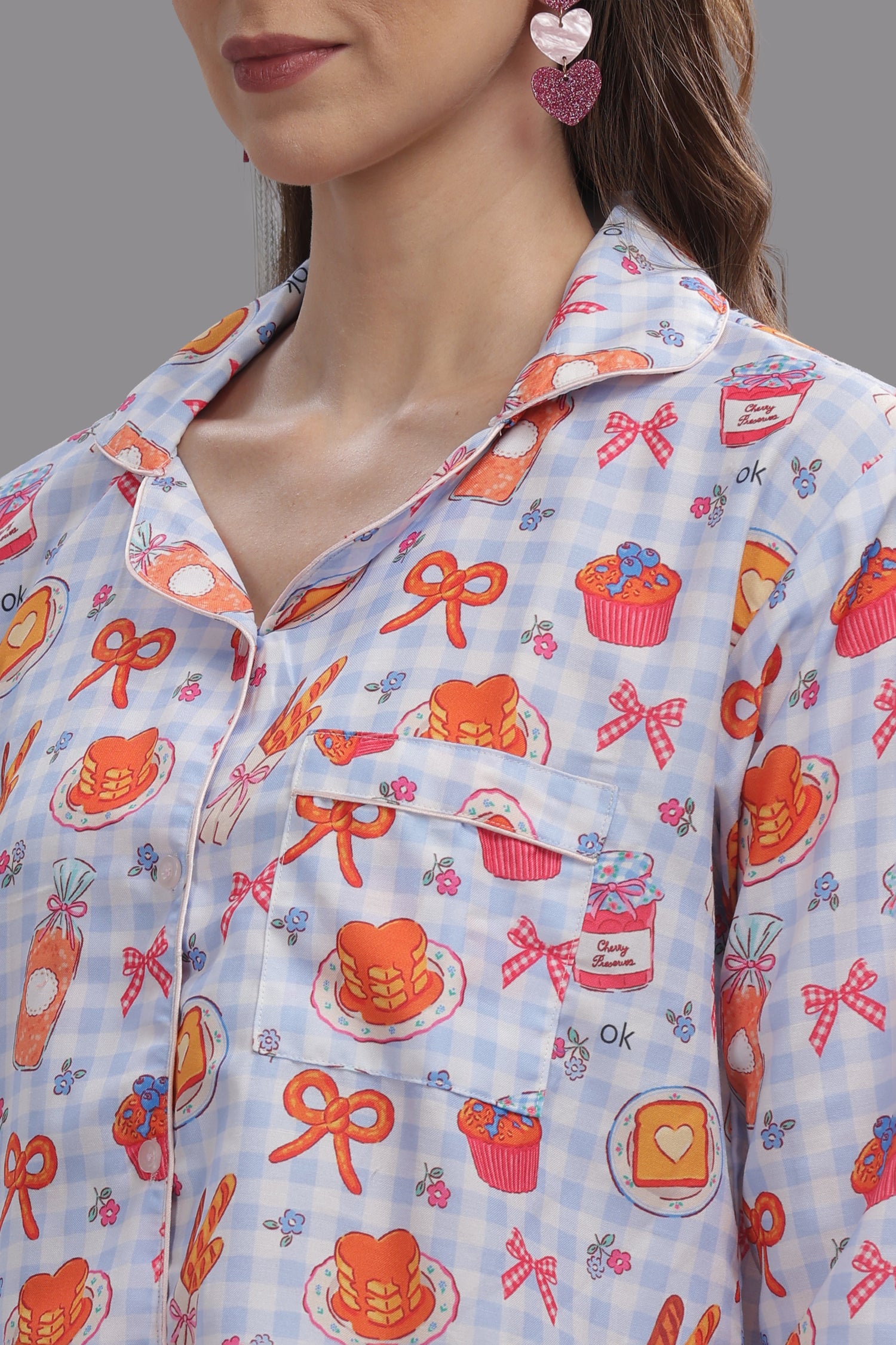 Breakfast Club Button Down Pj Set - Cotton Rayon Pj Set with Notched Collar
