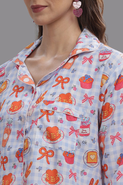 Breakfast Club Button Down Pj Set - Cotton Rayon Pj Set with Notched Collar