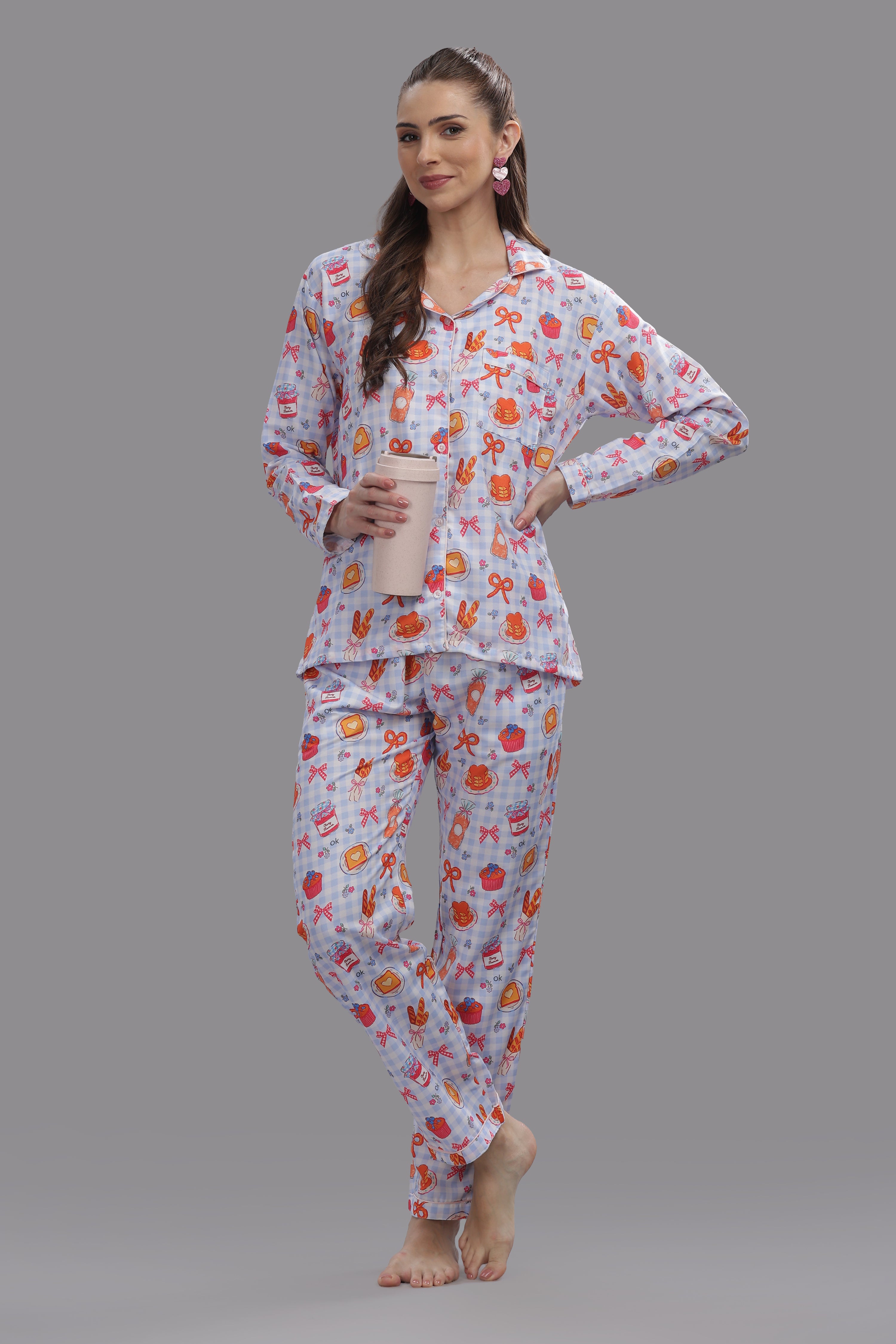 Breakfast Club Button Down Pj Set - Cotton Rayon Pj Set with Notched Collar