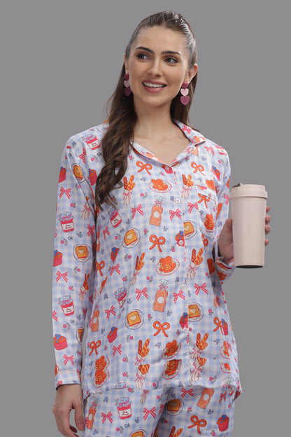 Breakfast Club Button Down Pj Set - Cotton Rayon Pj Set with Notched Collar