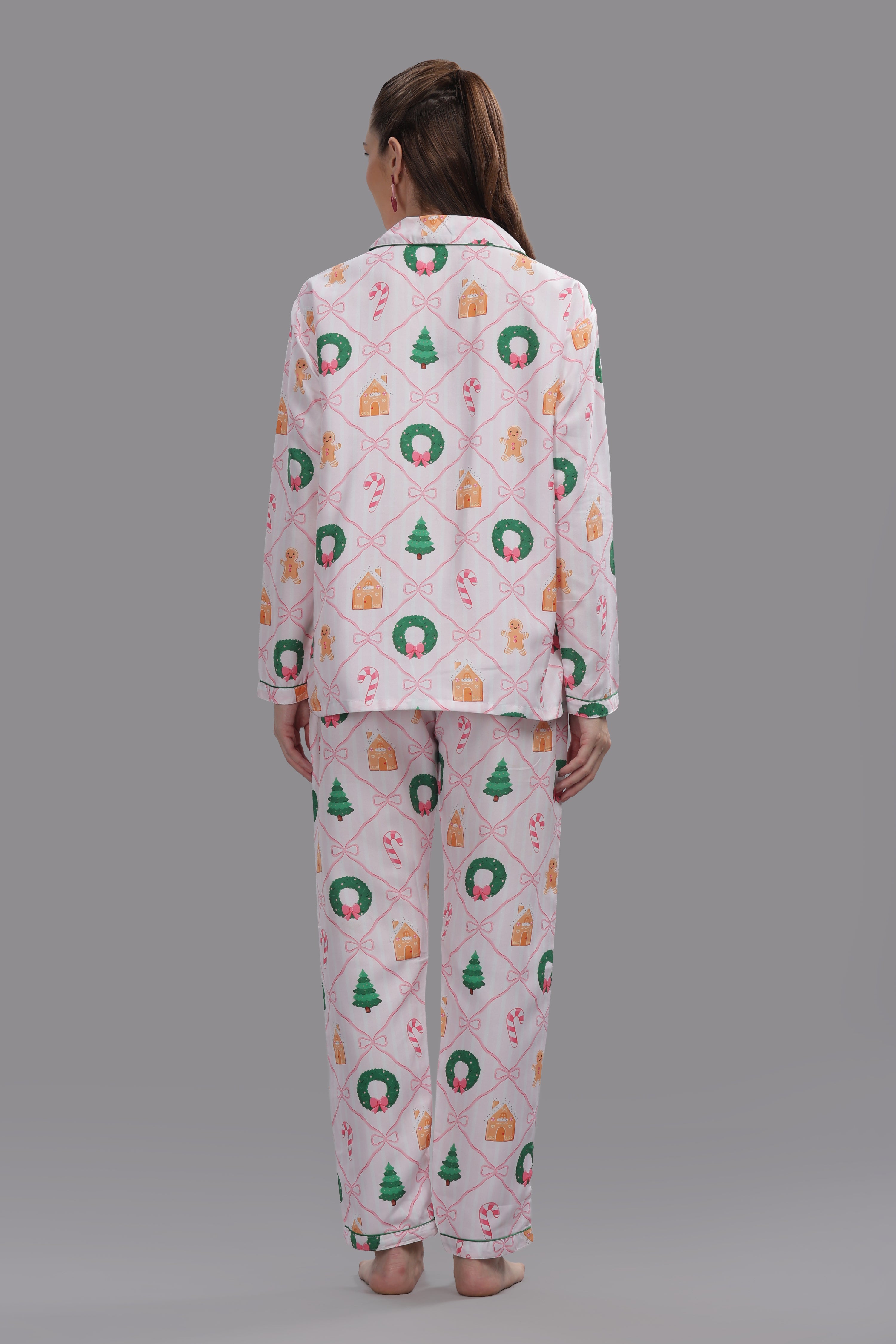 Jolly Ribbons Button Down Pj Set - Cotton Rayon Pj Set with Notched Collar