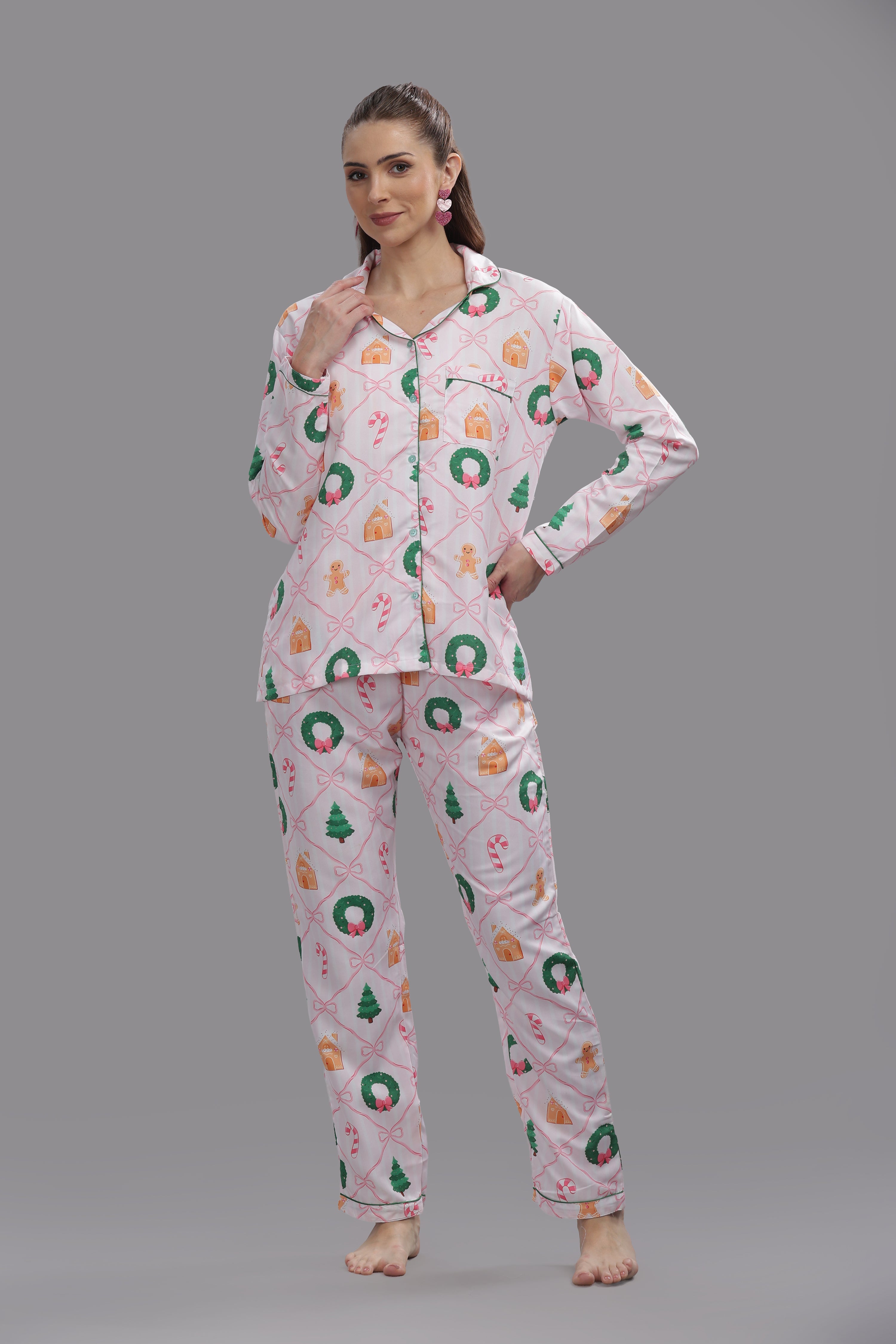 Jolly Ribbons Button Down Pj Set - Cotton Rayon Pj Set with Notched Collar