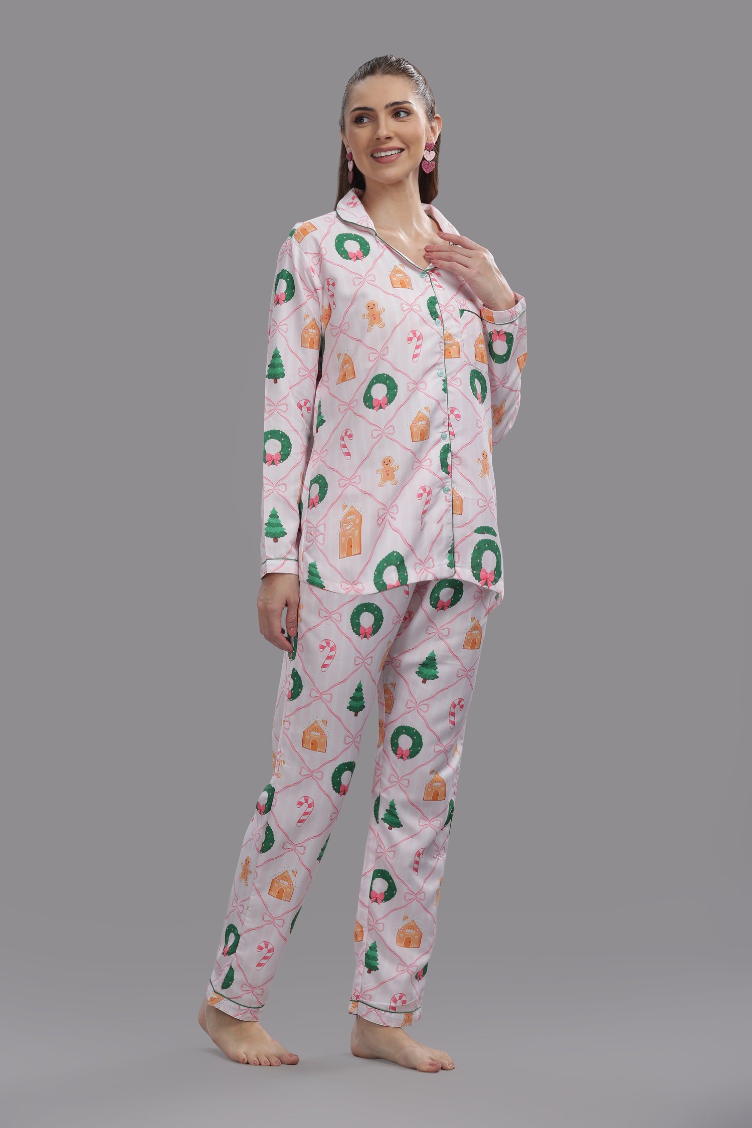 Jolly Ribbons Button Down Pj Set - Cotton Rayon Pj Set with Notched Collar