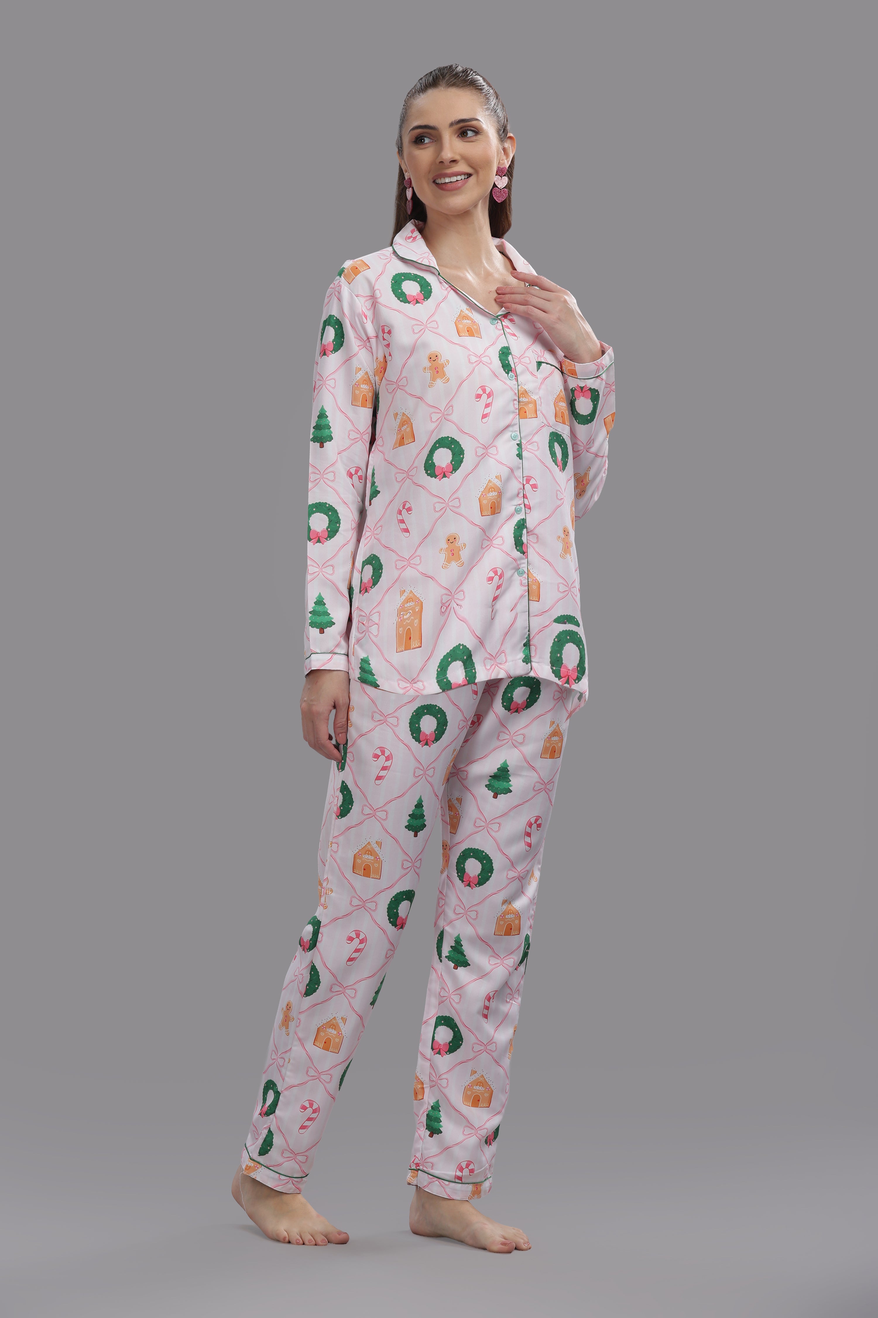 Jolly Ribbons Button Down Pj Set - Cotton Rayon Pj Set with Notched Collar