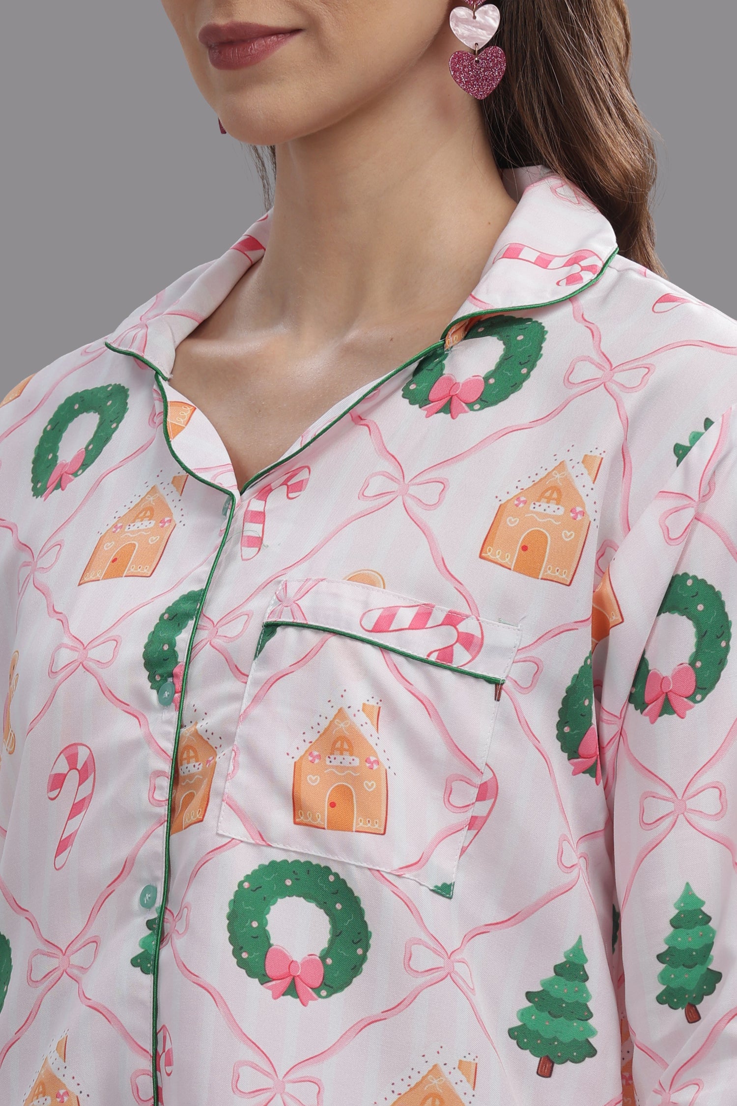 Jolly Ribbons Button Down Pj Set - Cotton Rayon Pj Set with Notched Collar
