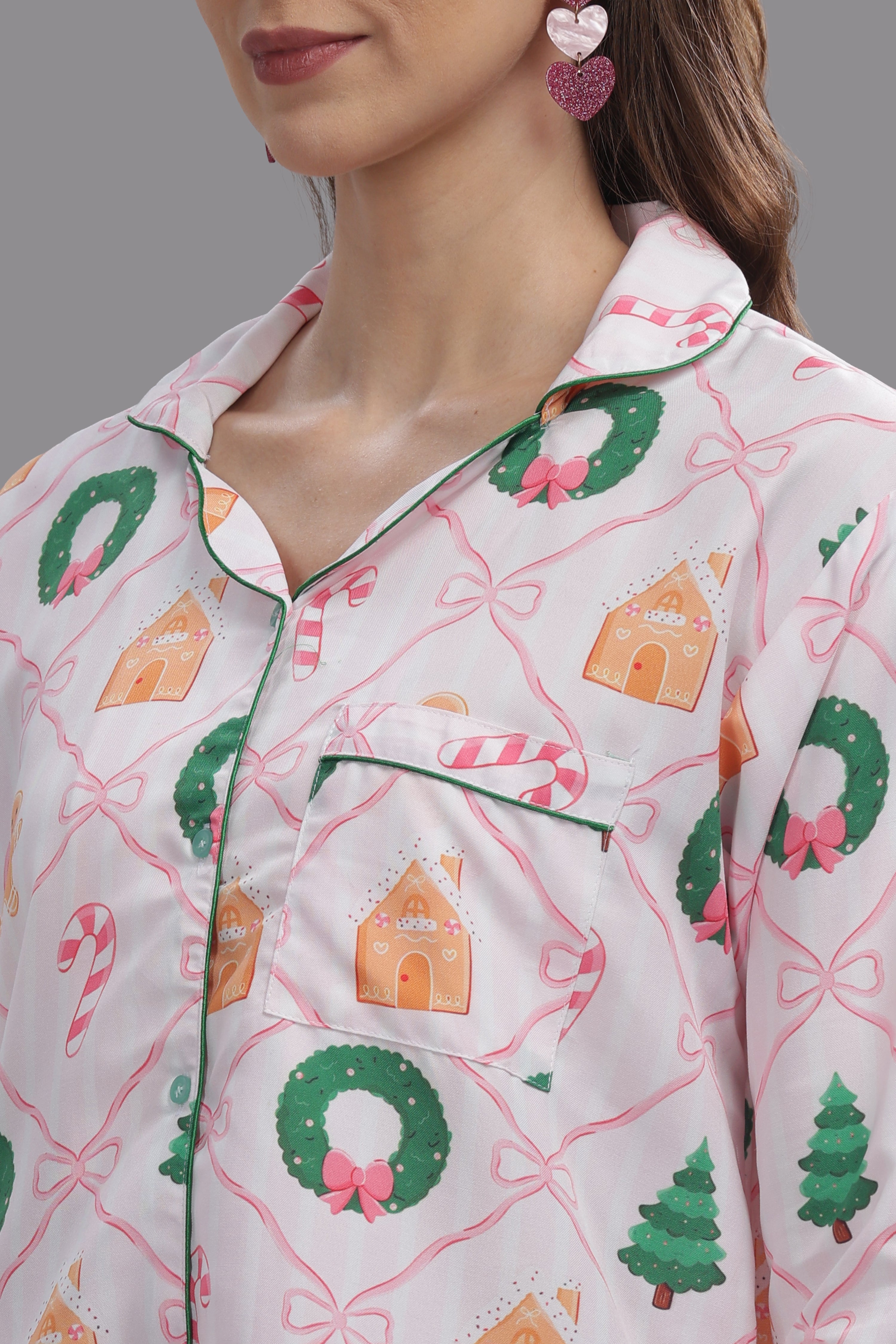 Jolly Ribbons Button Down Pj Set - Cotton Rayon Pj Set with Notched Collar