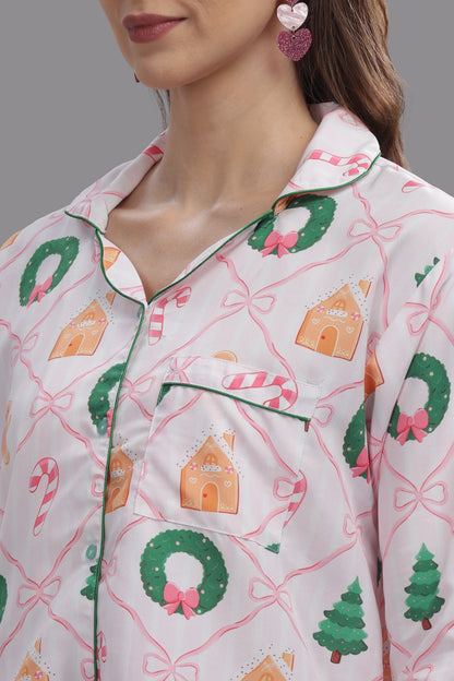 Jolly Ribbons Button Down Pj Set - Cotton Rayon Pj Set with Notched Collar