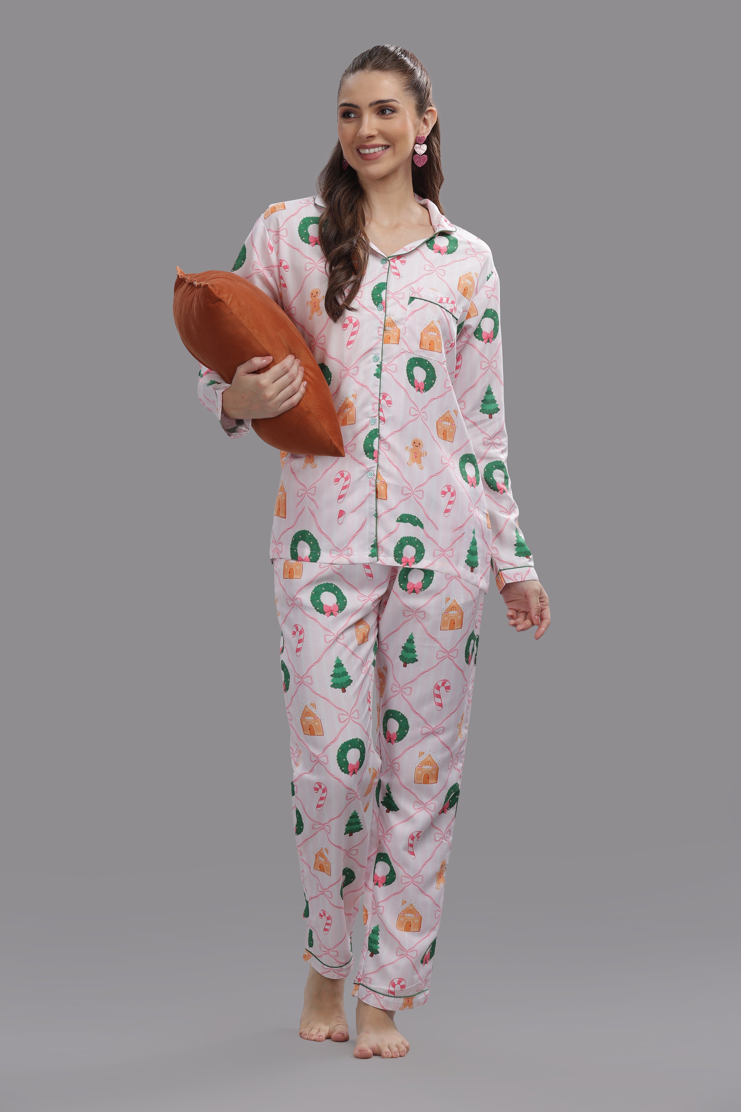 Jolly Ribbons Button Down Pj Set - Cotton Rayon Pj Set with Notched Collar