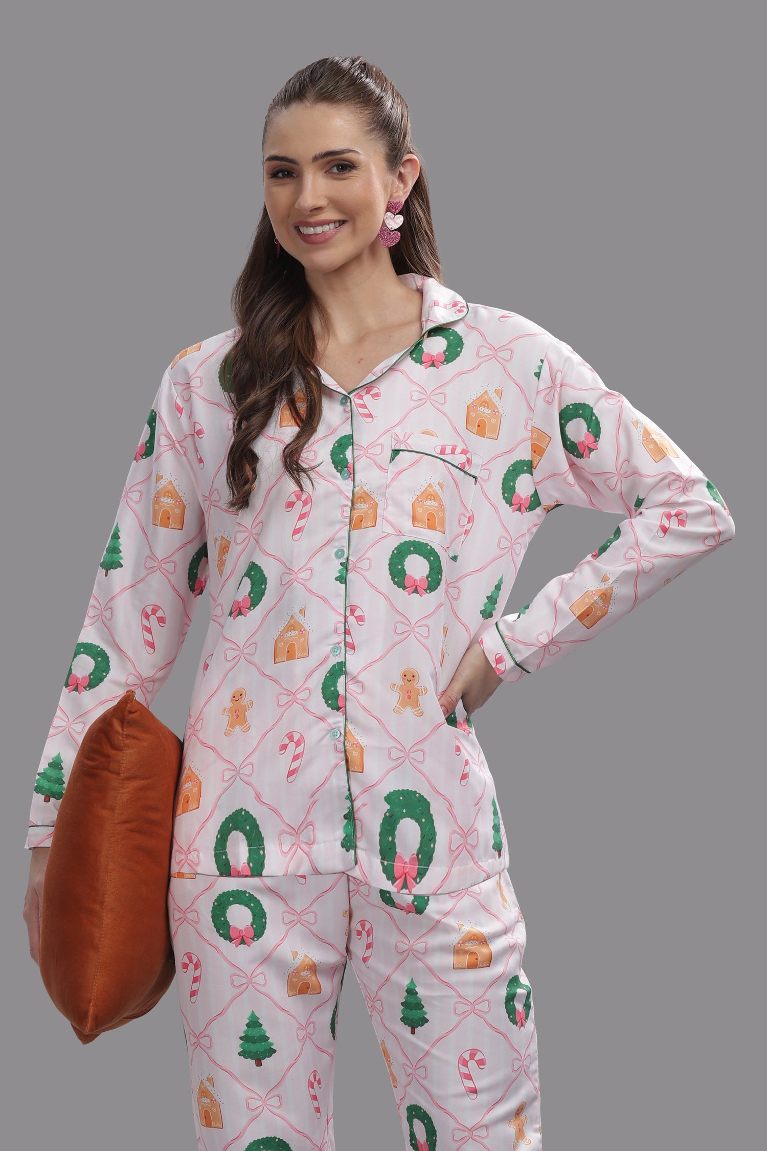 Jolly Ribbons Button Down Pj Set - Cotton Rayon Pj Set with Notched Collar