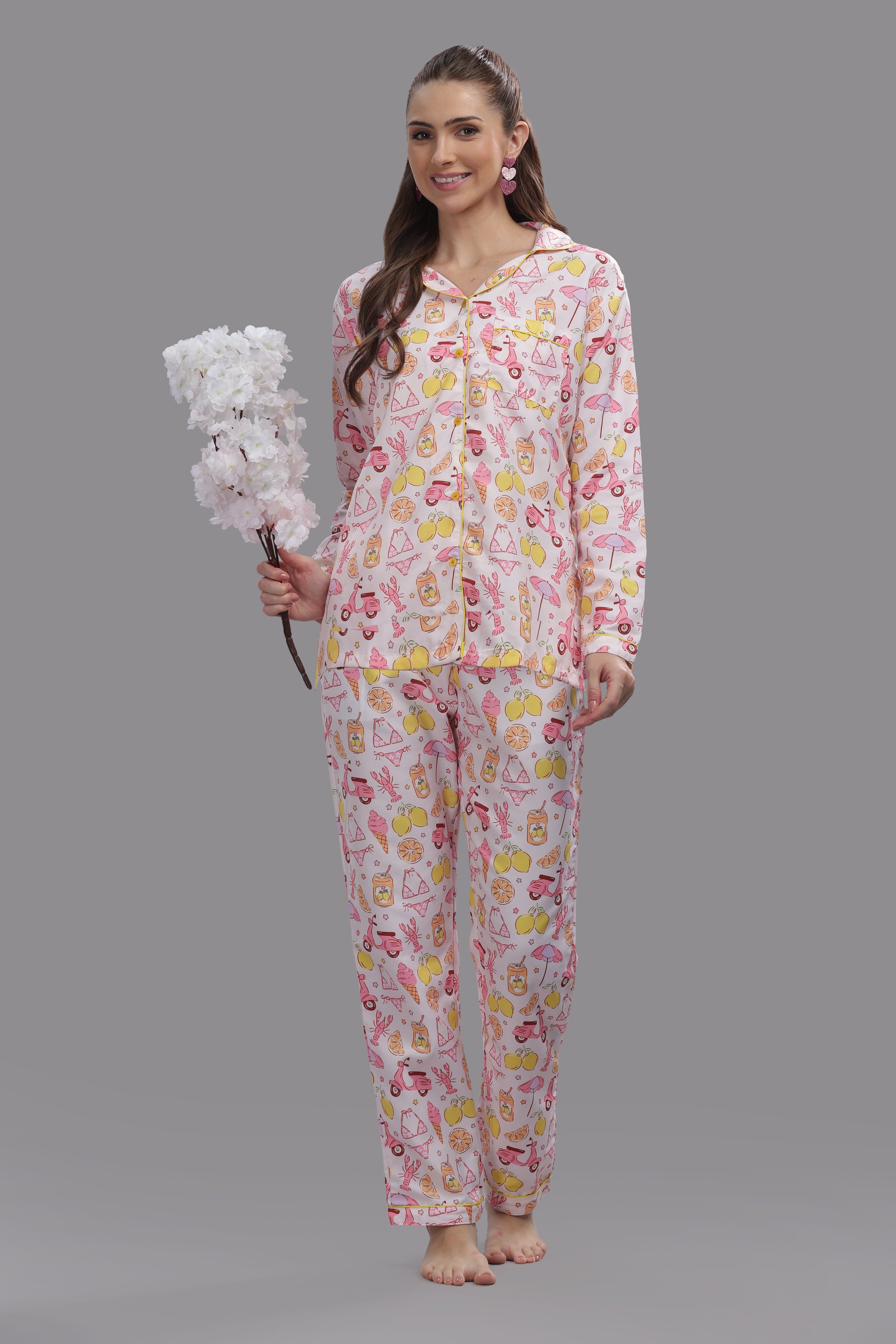Tropical Joy Button Down Pj Set - Cotton Rayon Pj Set with Notched Collar