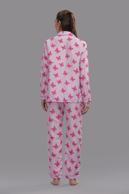 Butterfly Button Down Pj Set - Cotton Rayon Pj Set with Notched Collar