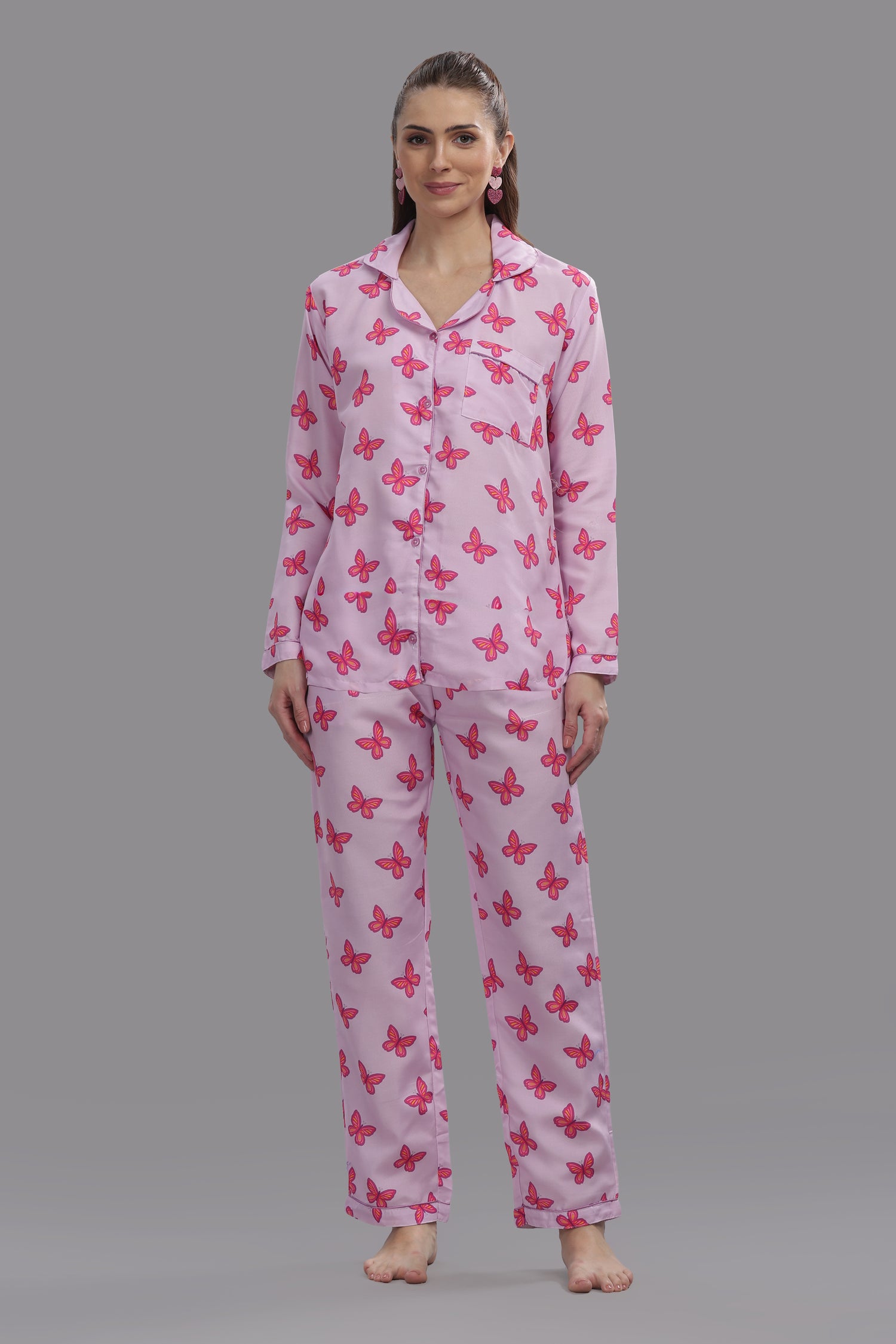 Butterfly Button Down Pj Set - Cotton Rayon Pj Set with Notched Collar