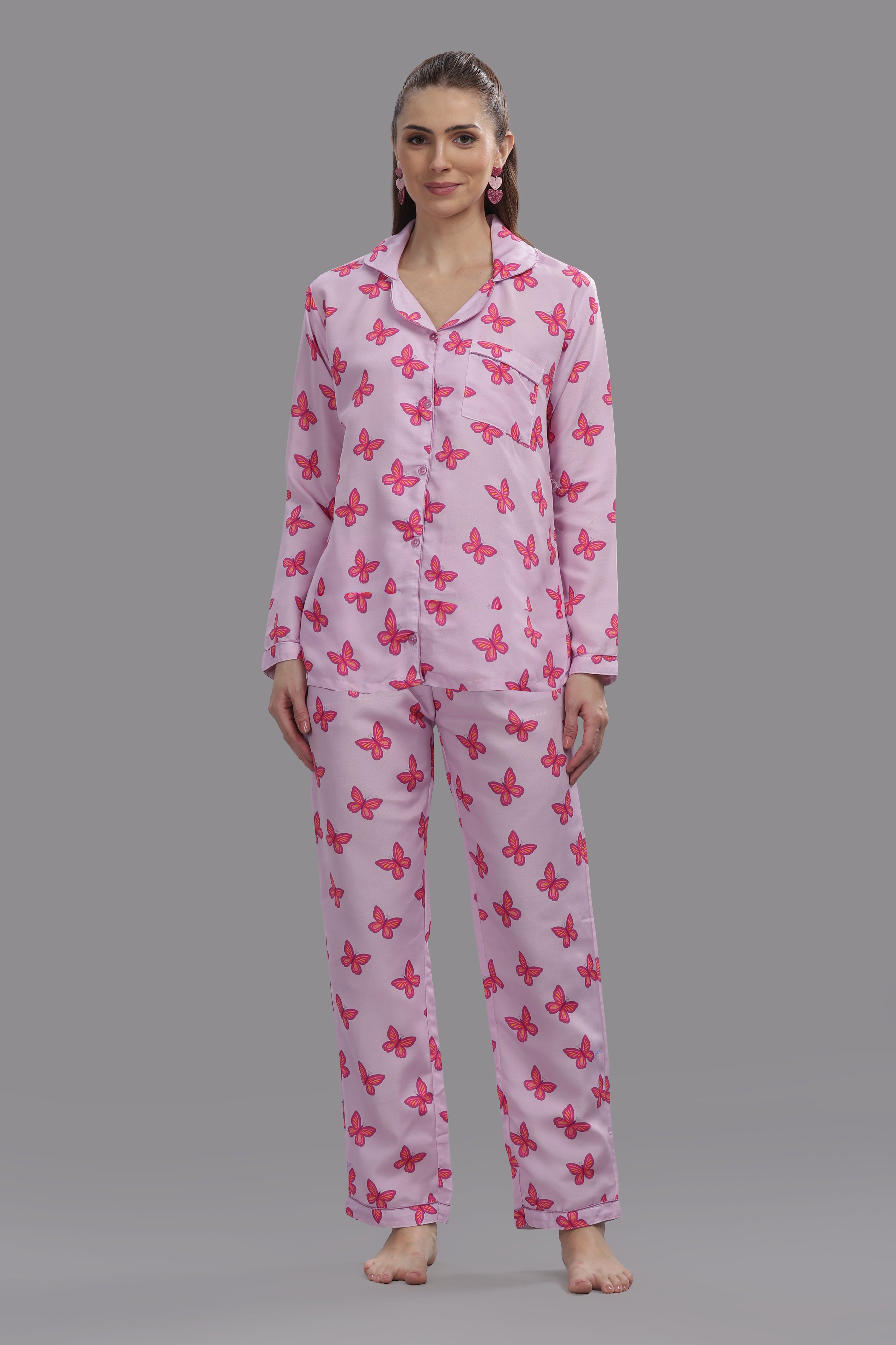 Butterfly Button Down Pj Set - Cotton Rayon Pj Set with Notched Collar