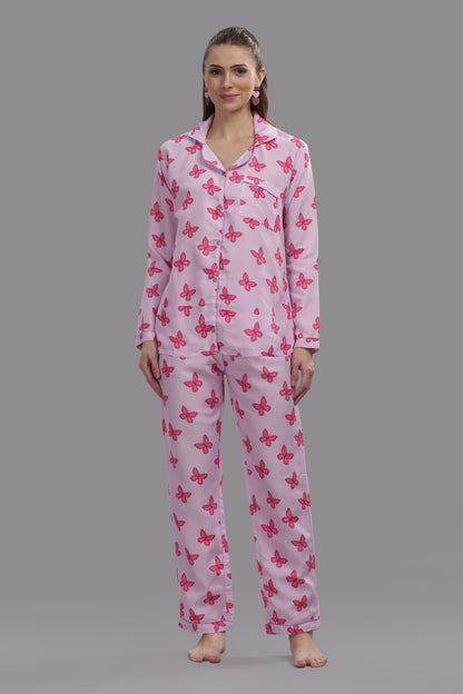 Butterfly Button Down Pj Set - Cotton Rayon Pj Set with Notched Collar