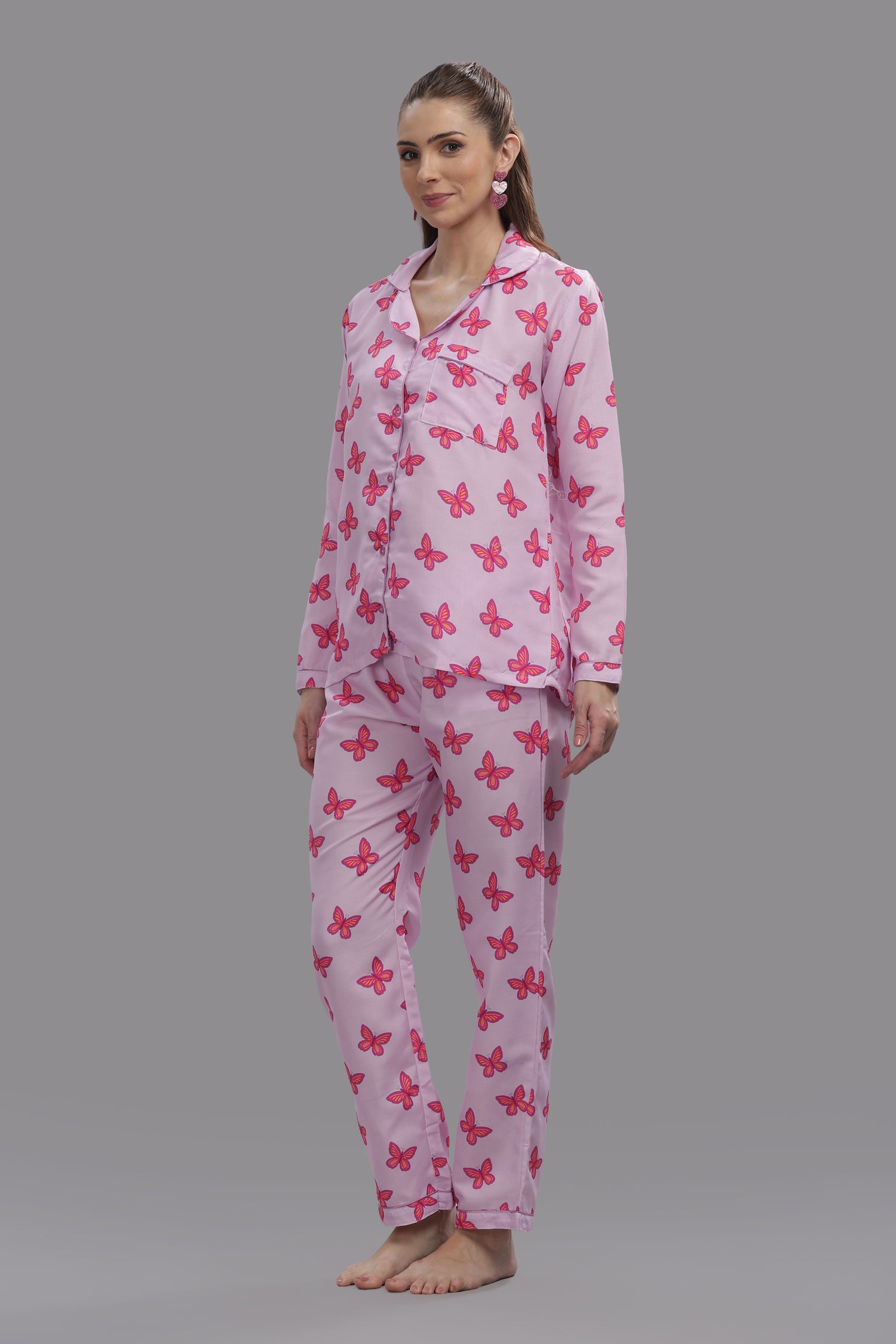 Butterfly Button Down Pj Set - Cotton Rayon Pj Set with Notched Collar