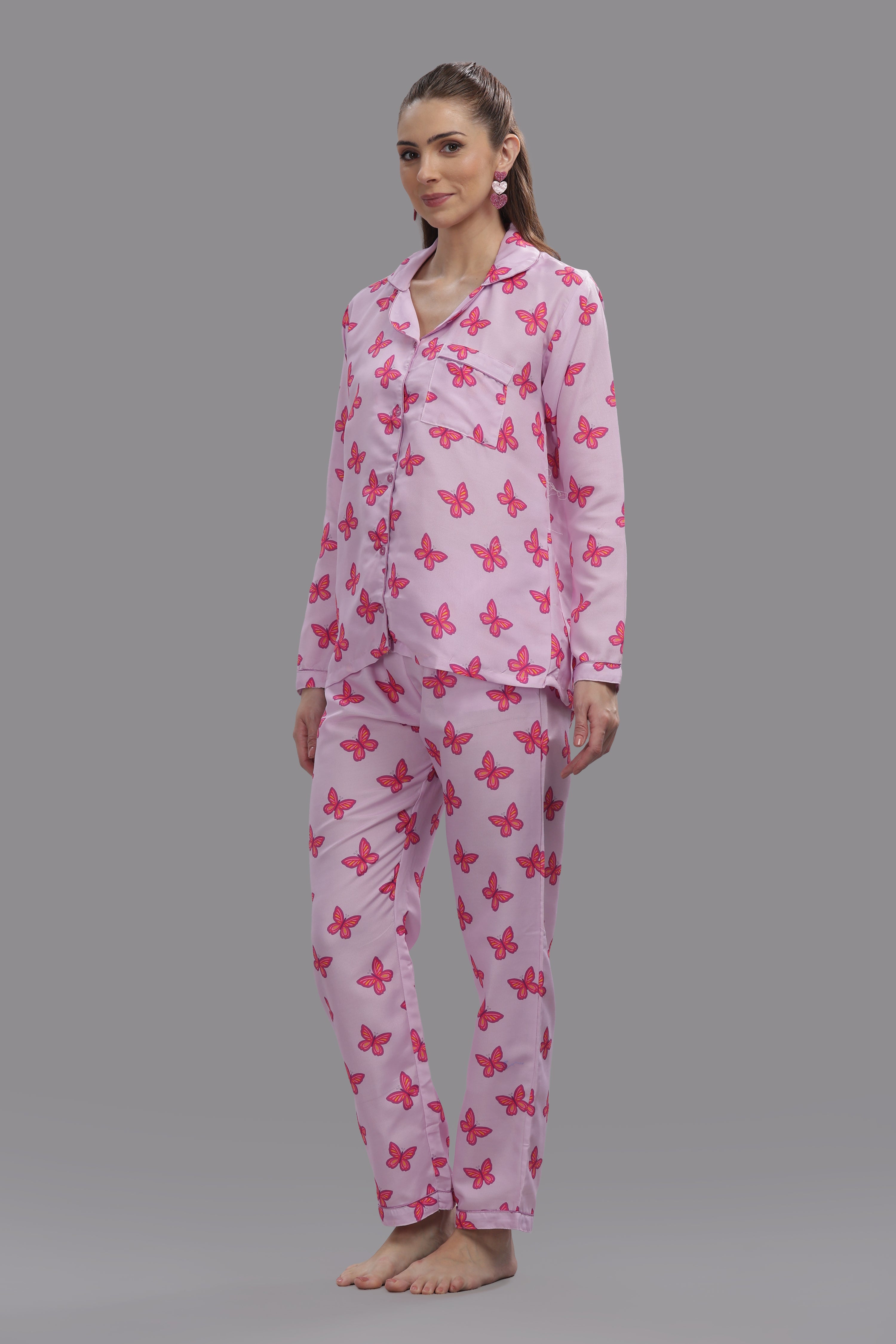 Butterfly Button Down Pj Set - Cotton Rayon Pj Set with Notched Collar