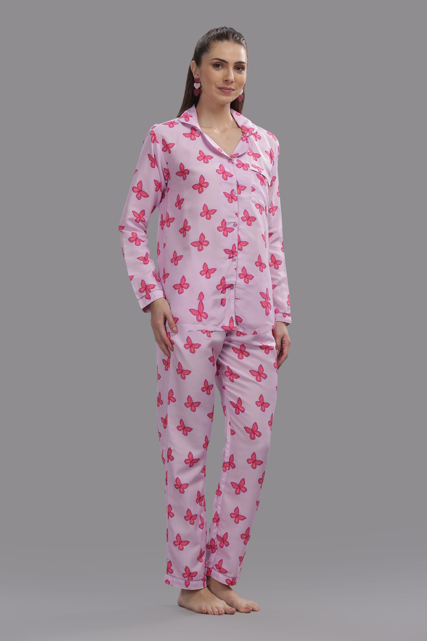 Butterfly Button Down Pj Set - Cotton Rayon Pj Set with Notched Collar