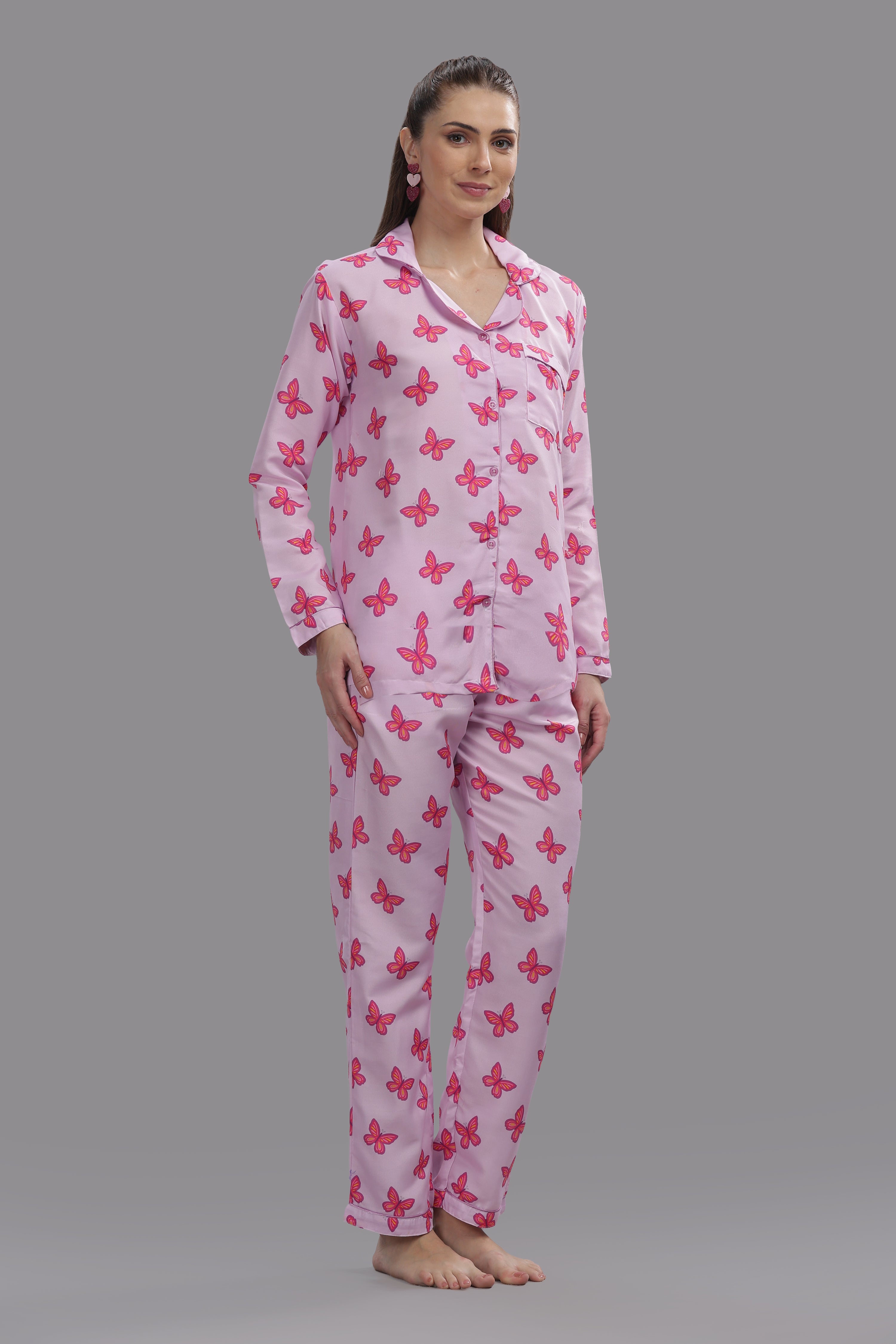 Butterfly Button Down Pj Set - Cotton Rayon Pj Set with Notched Collar