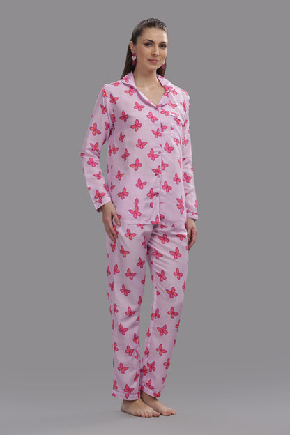 Butterfly Button Down Pj Set - Cotton Rayon Pj Set with Notched Collar