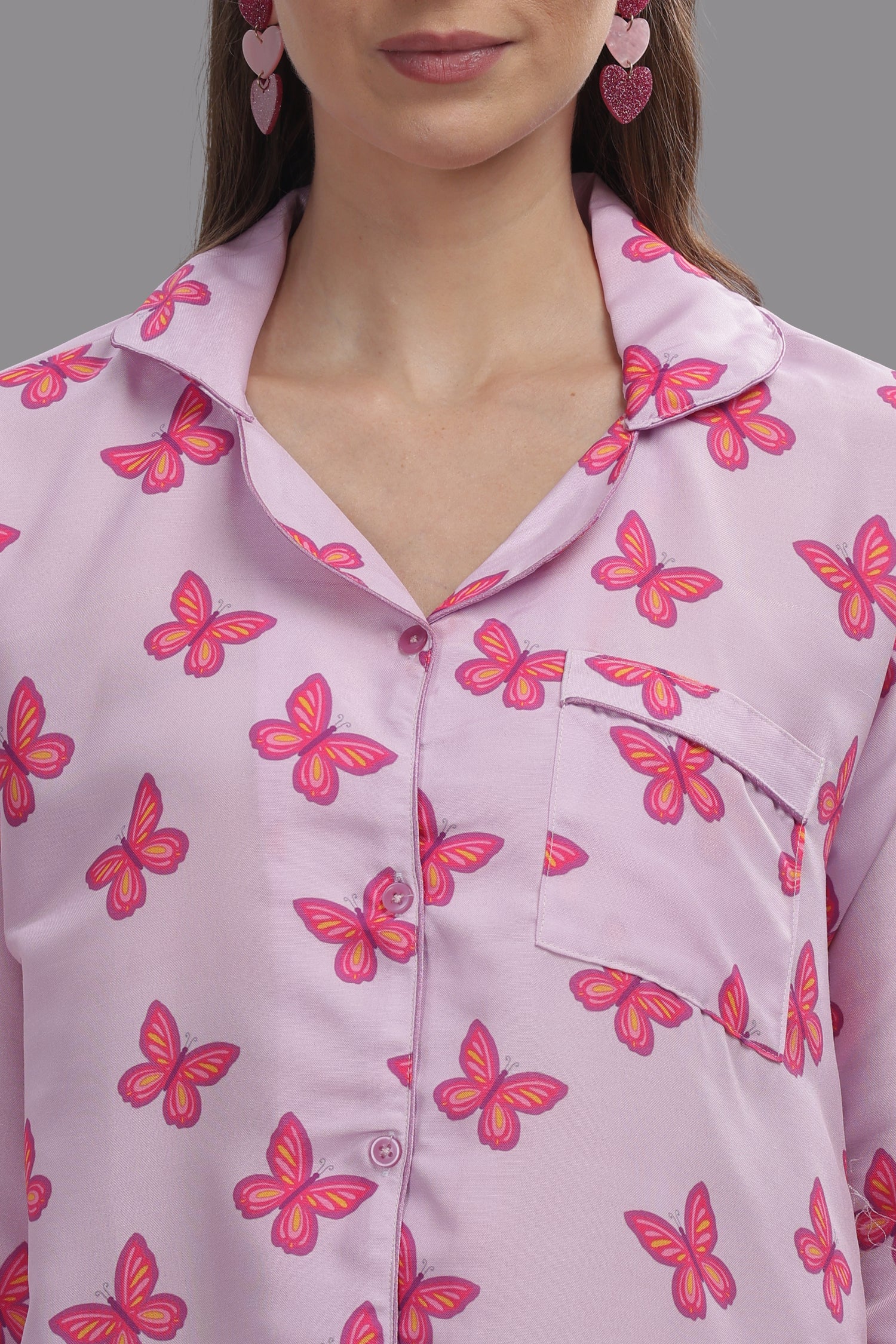 Butterfly Button Down Pj Set - Cotton Rayon Pj Set with Notched Collar